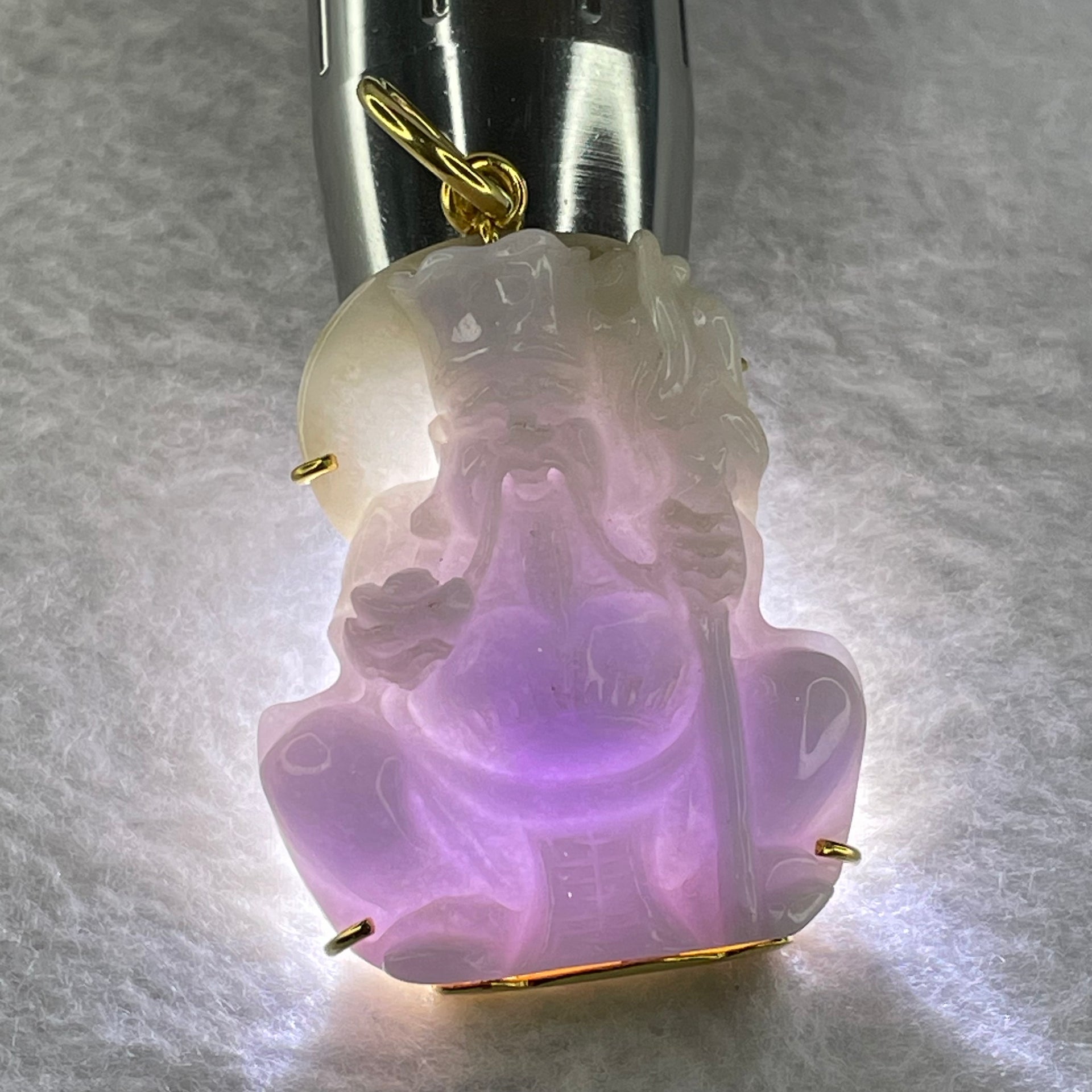 Pre-Love Type A Lavender Jadeite Tu Di Gong in 916 Yellow Gold Setting Large Clasp Inner Diameter 9.3mm suitable for very thick Gold Chain - Huangs Jadeite and Jewelry Pte Ltd