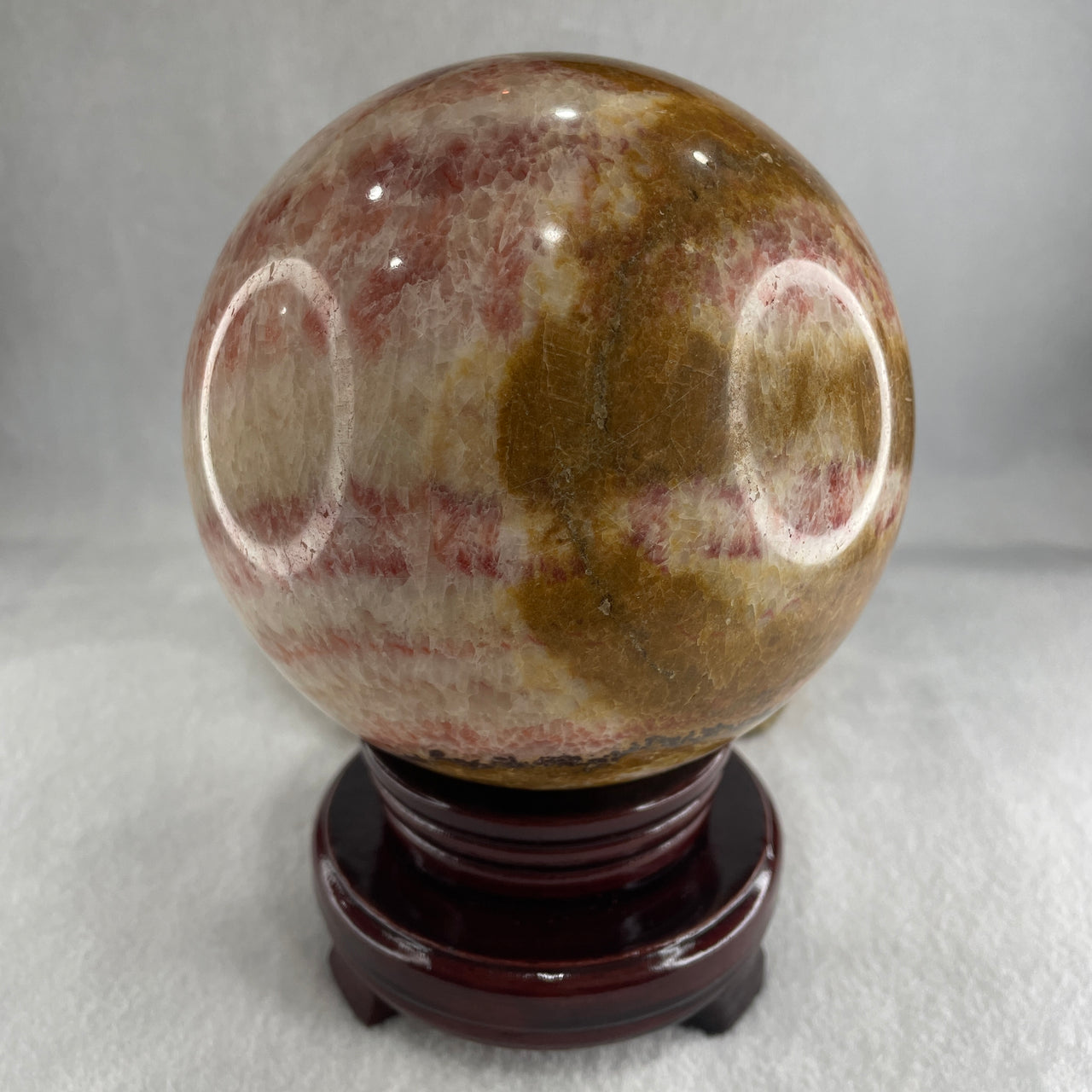 Natural Pink Brown Calcite Sphere Ball with Wooden Stand Display 2,818.4g 122.0 by 170.0mm - Huangs Jadeite and Jewelry Pte Ltd