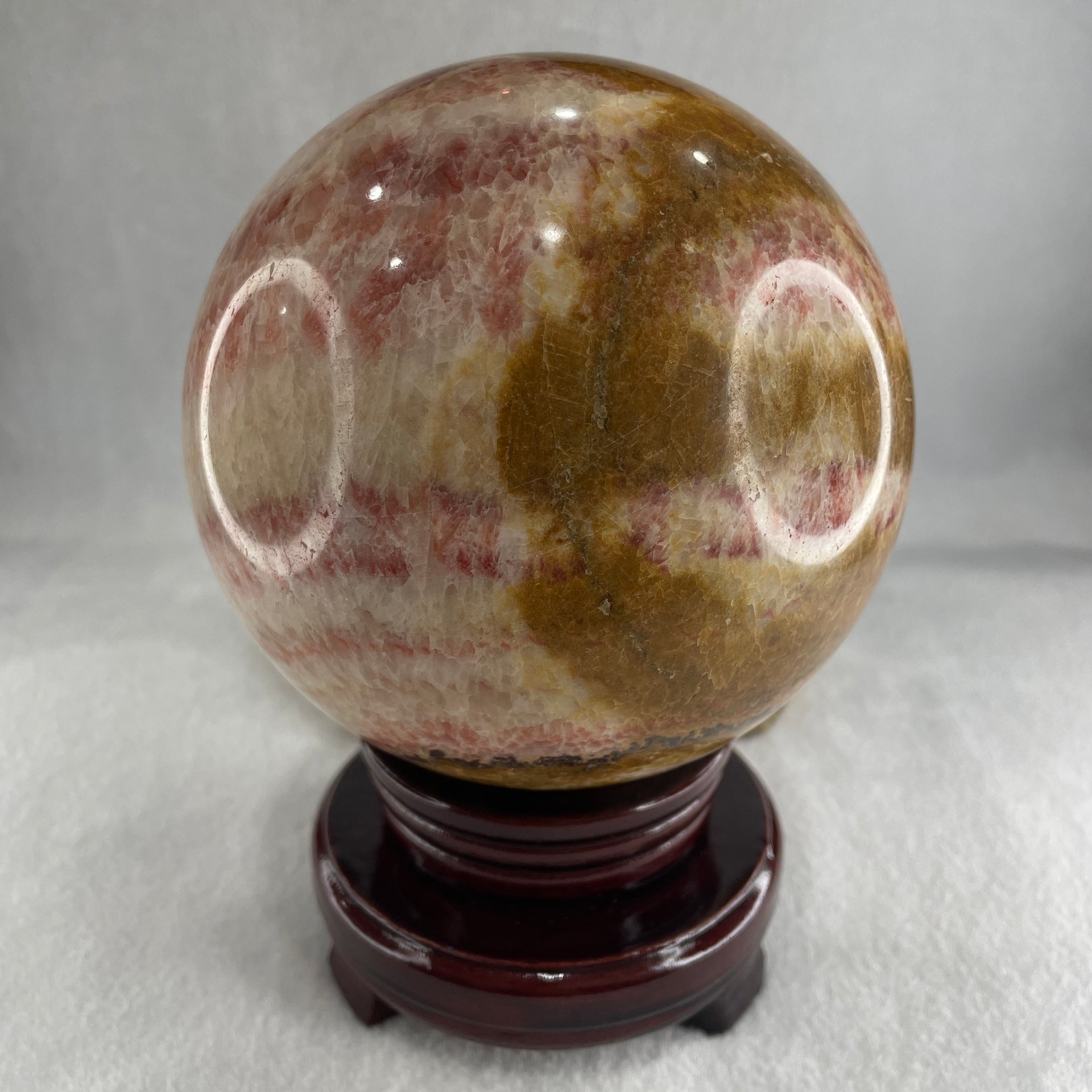 Natural Pink Brown Calcite Sphere Ball with Wooden Stand Display 2,818.4g 122.0 by 170.0mm - Huangs Jadeite and Jewelry Pte Ltd