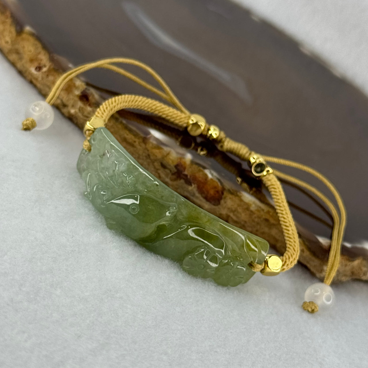 Type A Semi Icy Yellowish Blueish Green Jadeite Deer Bracelet 13.67g 45.8 by 11.8 by 11.6mm - Huangs Jadeite and Jewelry Pte Ltd