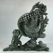 Natural Dark Green Serpentine Double Carp Fish with Gui ren and Lotus and Twin Ducks with Wooden Stand Display 2,032.7g 242.0 by 95.0 by 263.0mm - Huangs Jadeite and Jewelry Pte Ltd