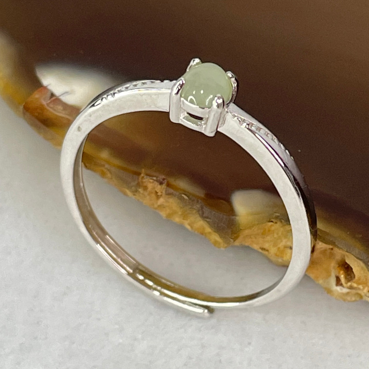 Type A Semi Icy Green Cabochon Jadeite in S925 Sliver Ring (Adjustable Size) 1.09g 4.0 by 2.0mm - Huangs Jadeite and Jewelry Pte Ltd