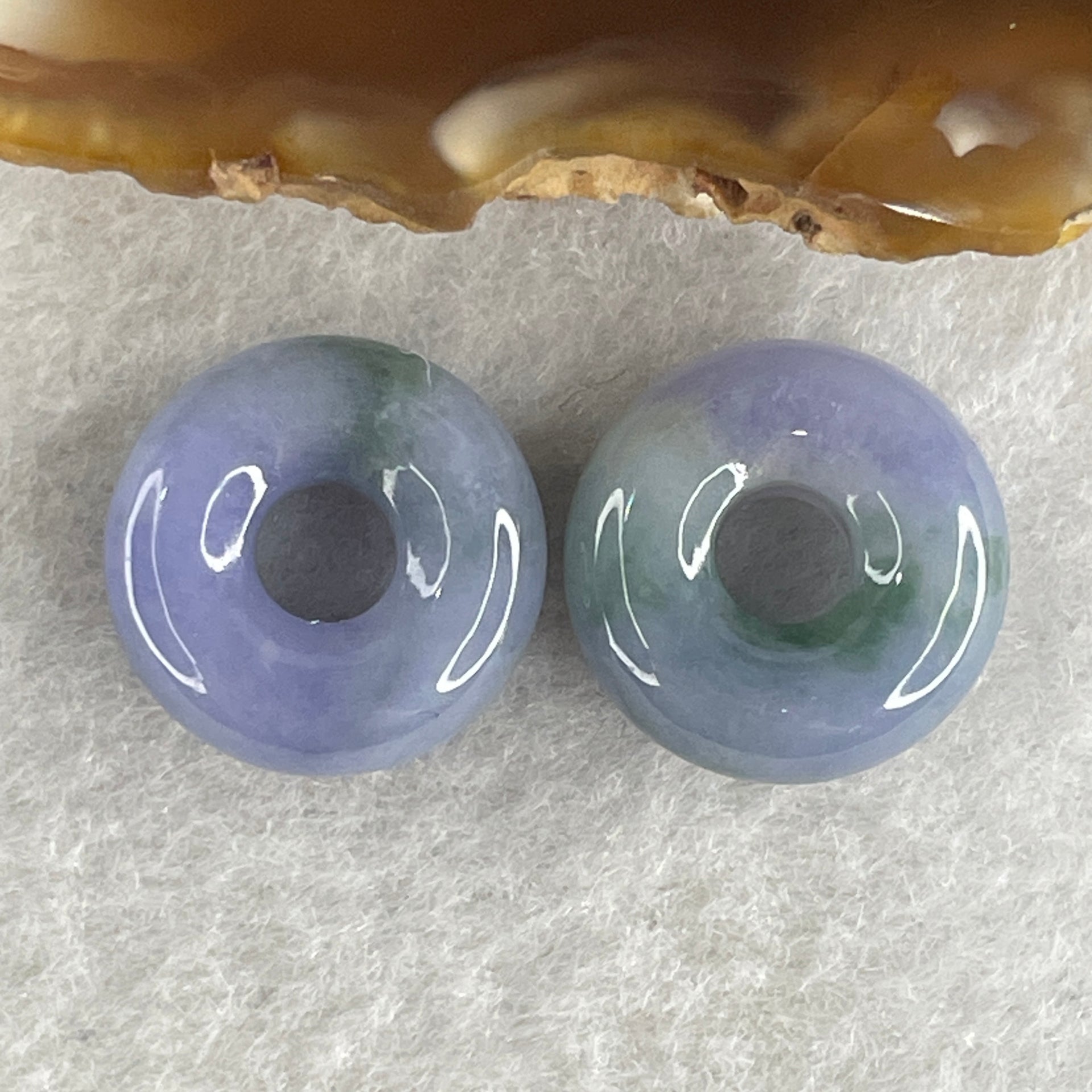 Natural Type A Intense Lavender with Green Piao Hua Jadeite Donut Pair for Setting 5.57g 15.2 by 6.2mm - Huangs Jadeite and Jewelry Pte Ltd
