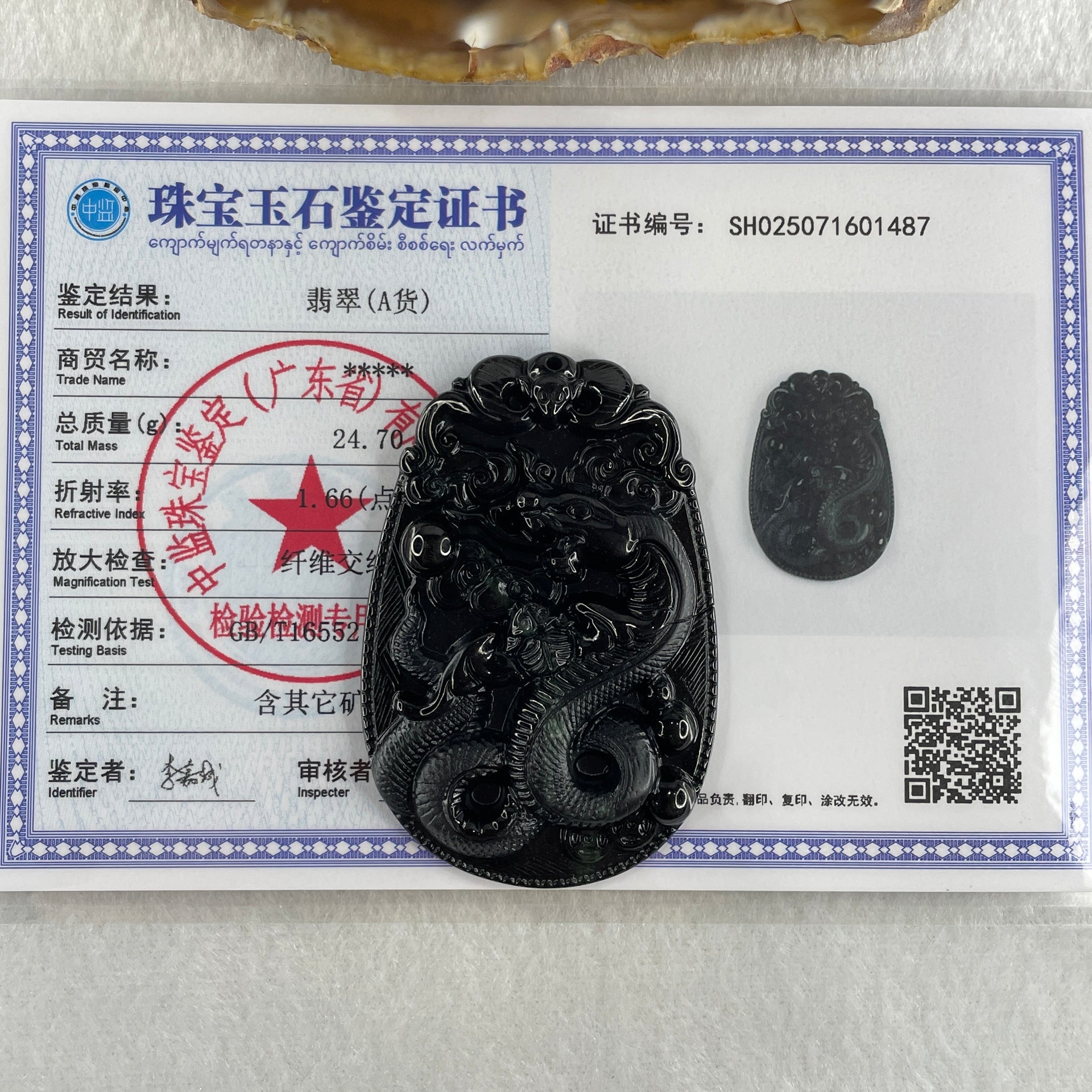Type A Opaque to Partial Translucent Black Omphacite Jadeite Snake Pendant 24.70g 59.7 by 40.1 by 8.5mm - Huangs Jadeite and Jewelry Pte Ltd