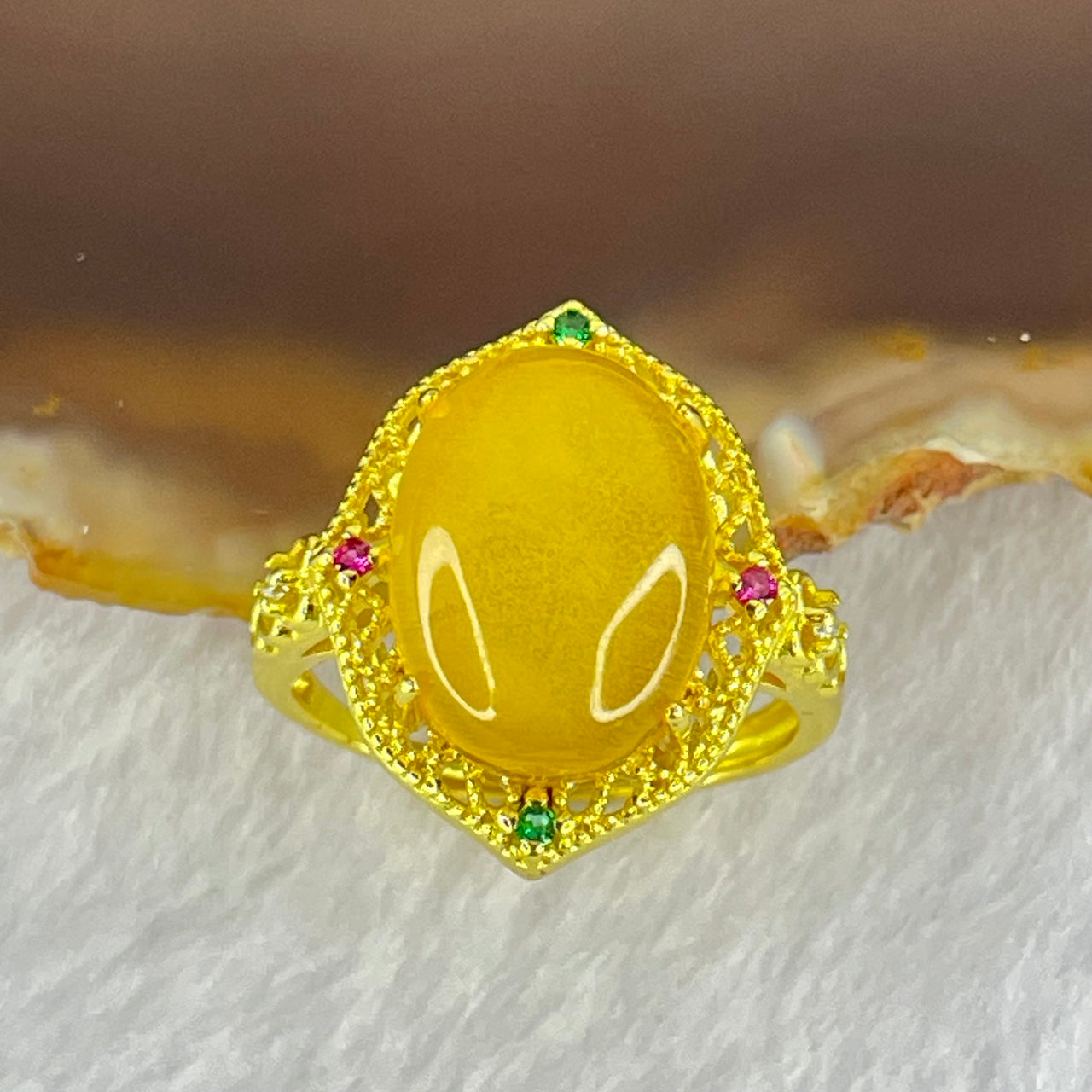 Natural Yellow Butterscotch Amber in S925 Sliver Gold Color Ring (Adjustable Size) 2.43g 2.43g 14.0 by 10.2 by 6.0mm - Huangs Jadeite and Jewelry Pte Ltd