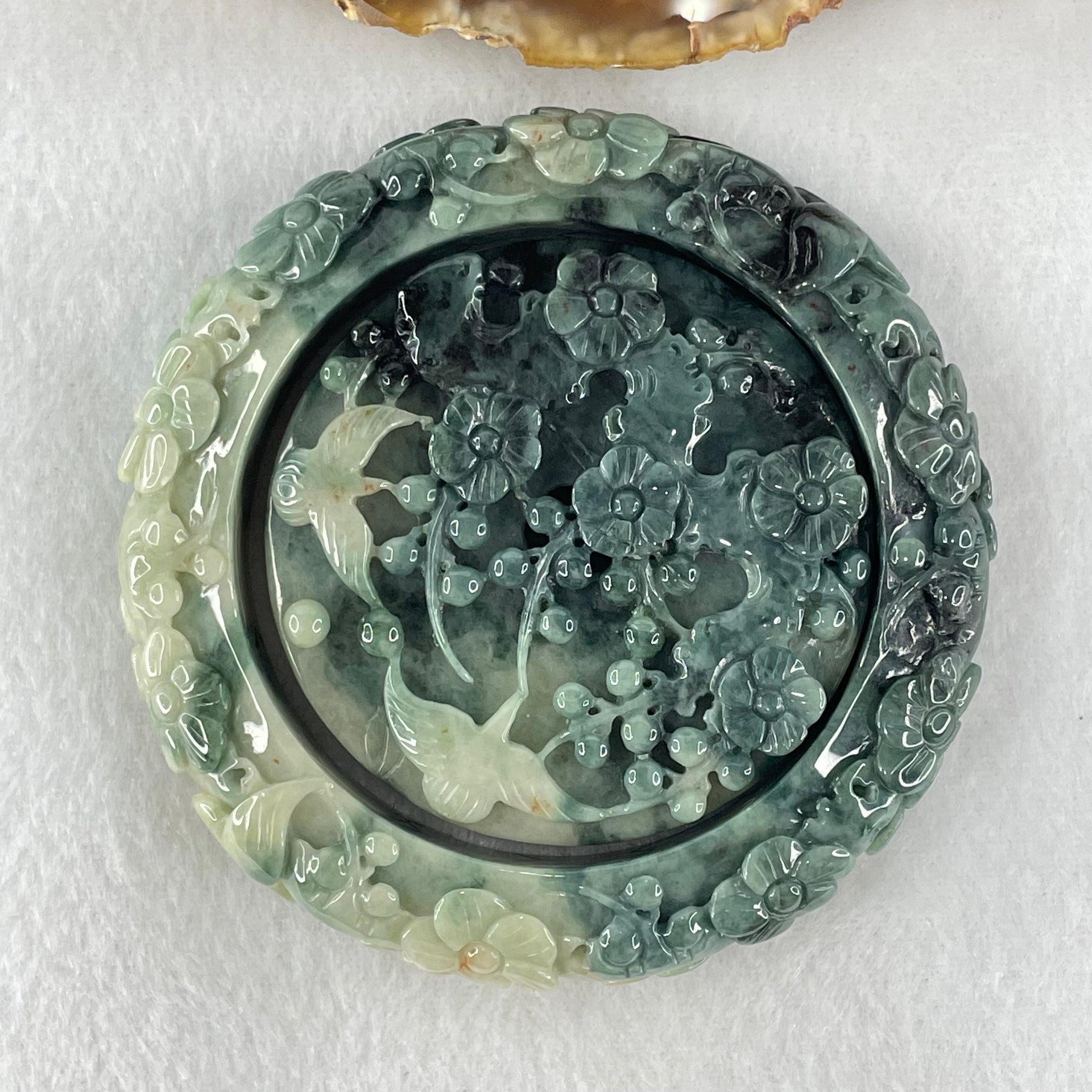 Type A Demin Blue with Light Blueish Green Jadeite Twin Birds with Prosperity Flowers Bangle Inner Diameter 57.4mm 12.4 by 11.9mm and Pendant 55.3 by 13.1mm Total Weight 156.22g - Huangs Jadeite and Jewelry Pte Ltd