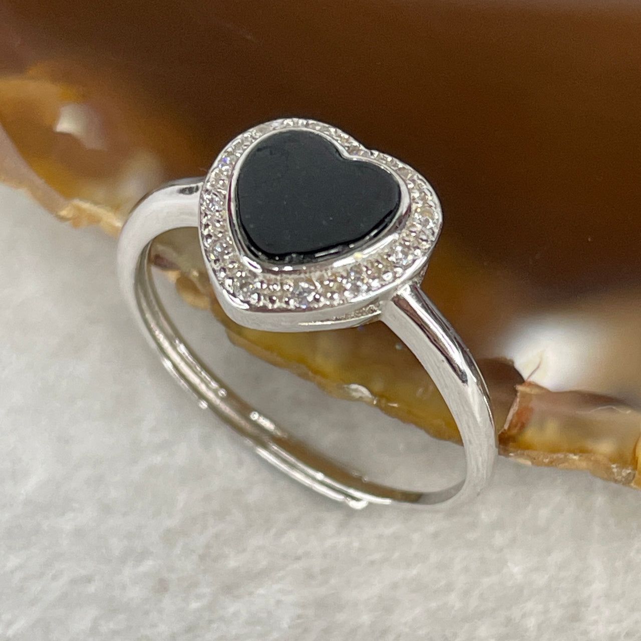 Type A Fully Translucent Black Omphacite Jadeite Heart Ring | Solid S925 Sterling Silver Setting | Adjustable Sizing | "Midnight Romance" Serendipity & Protection Statement Ring (2.04g 7.2x7.0x1.5mm)