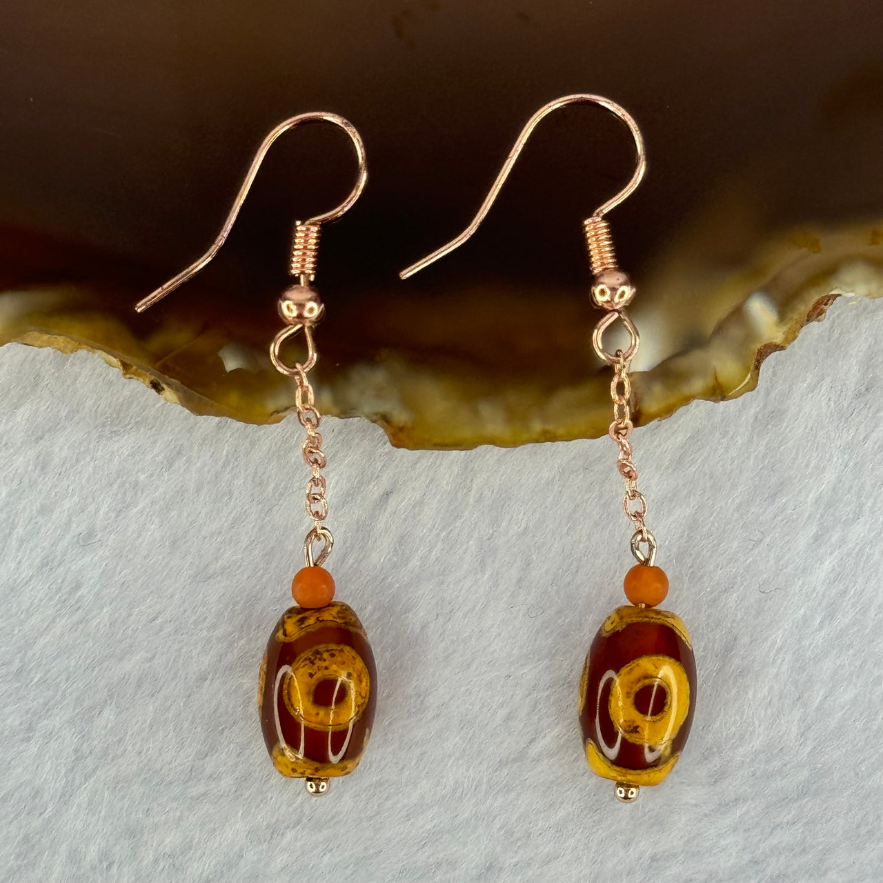 Natural Powerful Tibetan Old Oily Red Yellowish White Agate 3 Eyes Dzi Bead Heavenly Master (Tian Zhu) 三眼天诛 in S925 Sliver Rose Gold Color Earrings 2.92g 11.8 by 8.2mm - Huangs Jadeite and Jewelry Pte Ltd