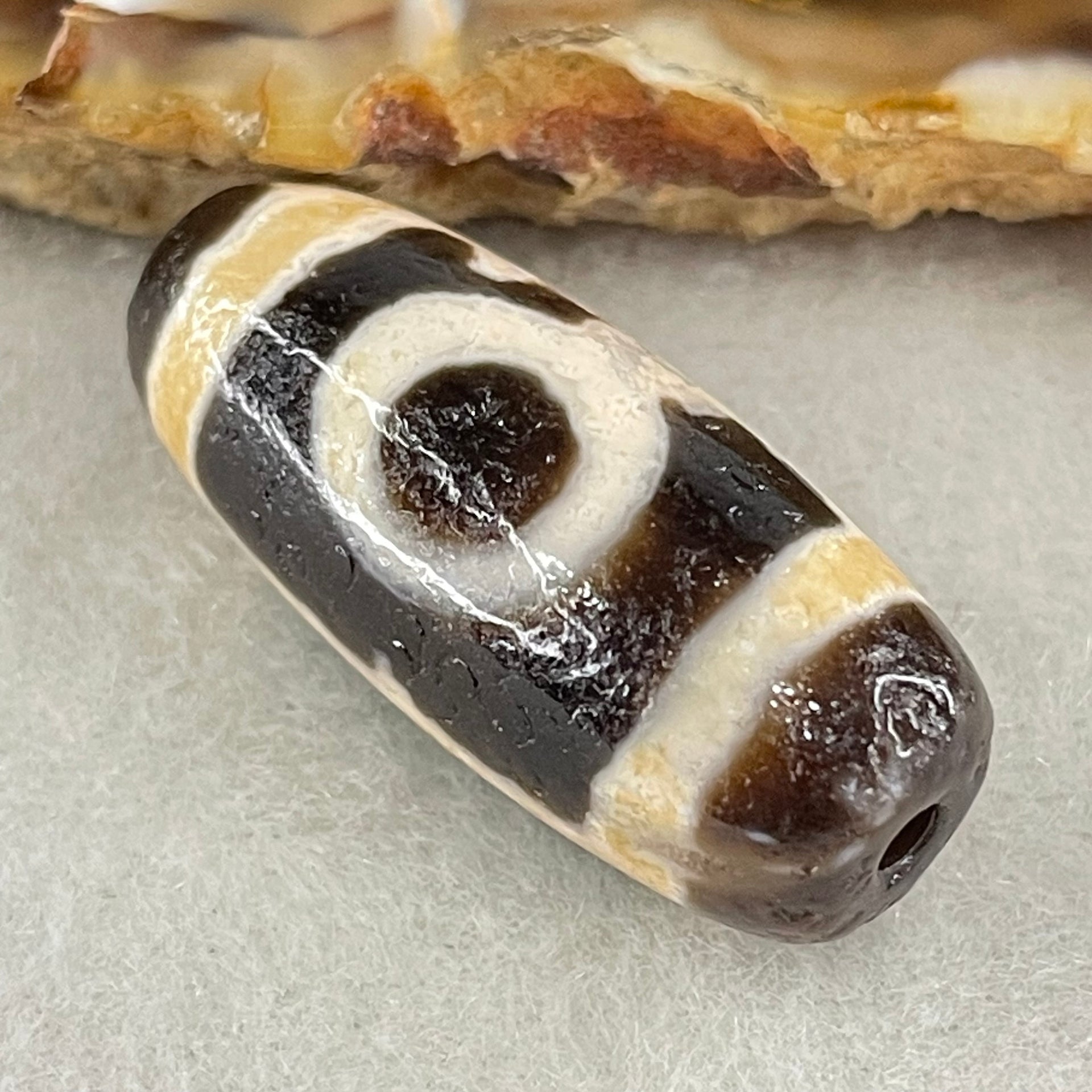 Natural Powerful Tibetan Old Oily Agate 2 Eyes Dzi Bead Heavenly Master (Tian Zhu) 二眼天诛 5.74g 27.3 by 11.6mm - Huangs Jadeite and Jewelry Pte Ltd