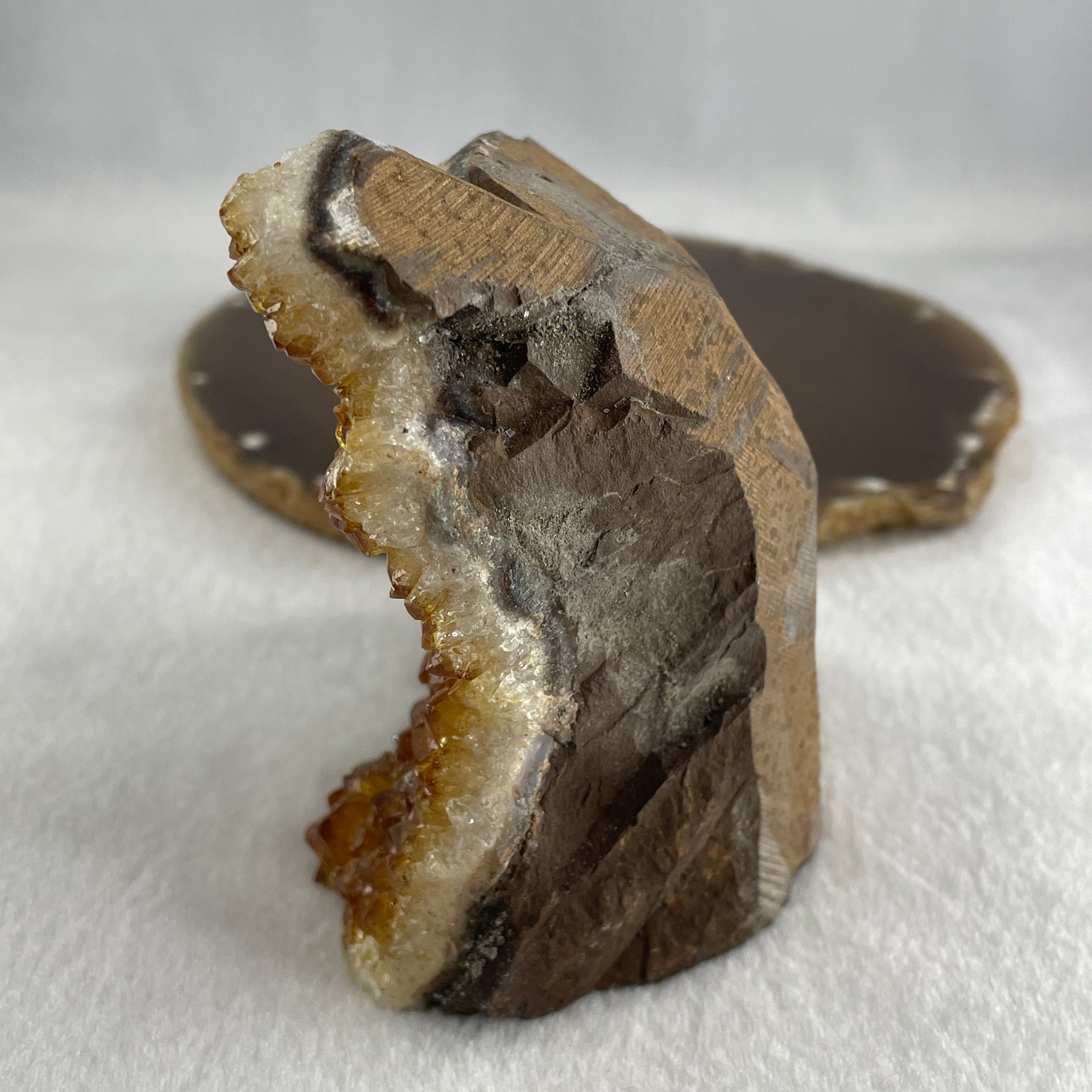 Natural Citrine Quartz Irregular Shape Display in Wooden Stand 647.0g 126.5 by 93.0 by 131.0mm - Huangs Jadeite and Jewelry Pte Ltd