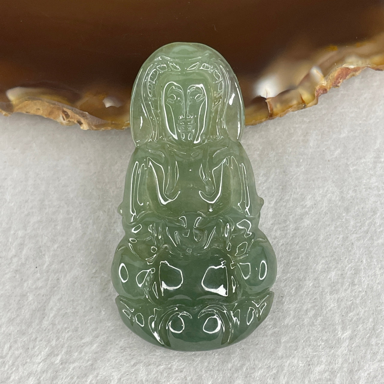 Natural Type A Semi-Icy Blueish Green Jadeite Guan Yin Pendant | 15.12g Goddess of Mercy Protective Amulet (49.9mm)