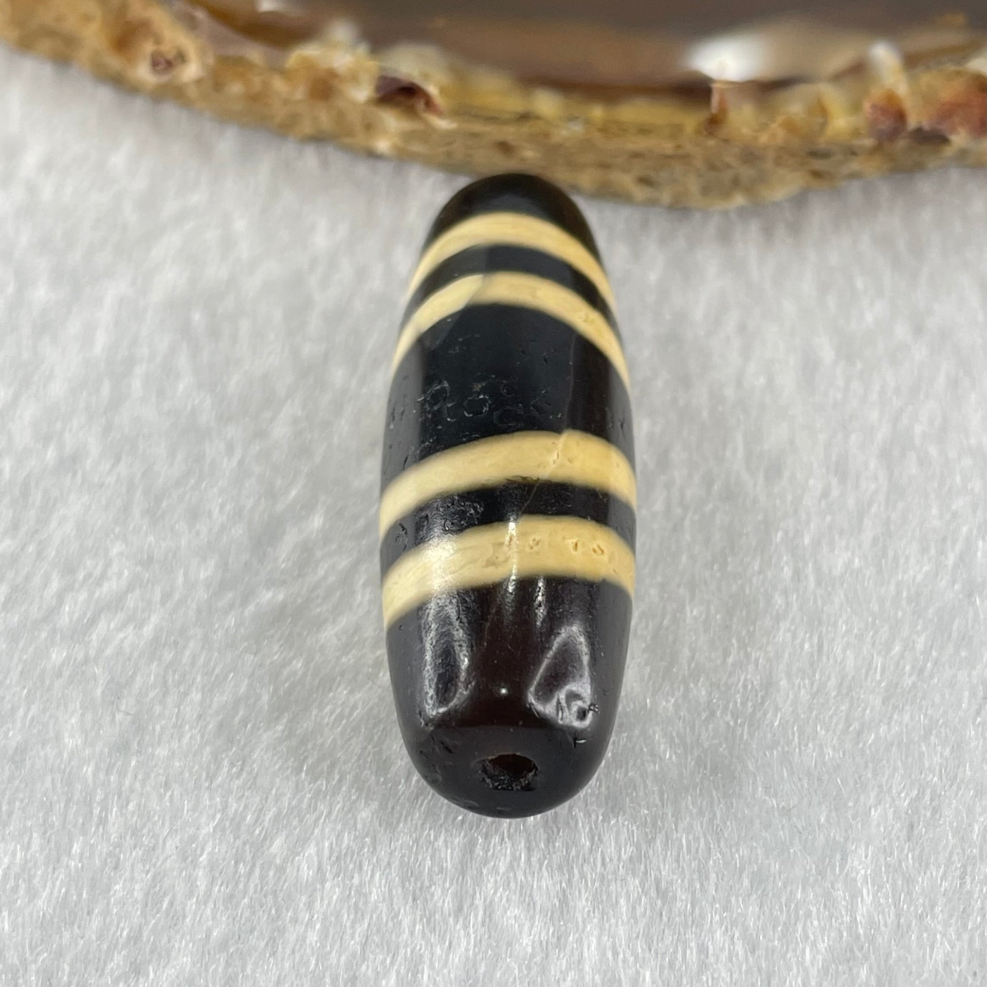 Natural Powerful Tibetan Old Oily Black with Yellowish White Agate 4 Lines Bead Heavenly Master (Tian Zhu) 10.29g 39.2 by 13.0mm - Huangs Jadeite and Jewelry Pte Ltd