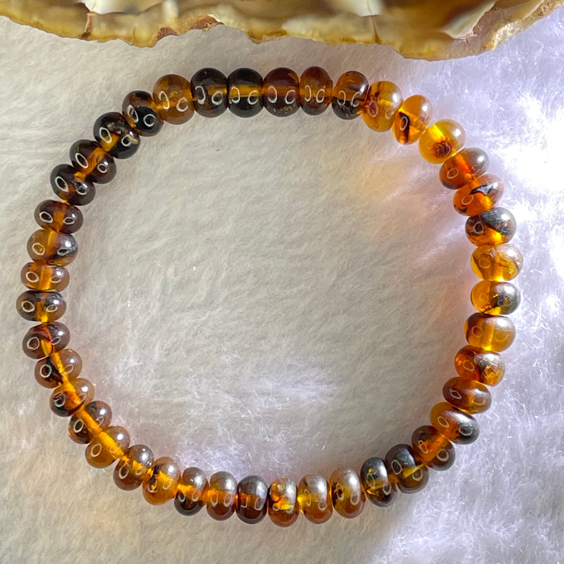 Natural Dark Brownish Yellow Medicine Amber Beads Bracelet 天然抚顺药珀手链 4.44g 15.5cm 7.2mm 42 Beads - Huangs Jadeite and Jewelry Pte Ltd