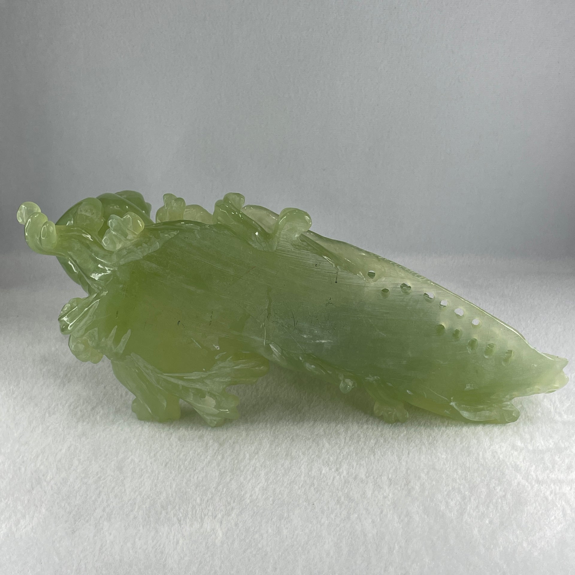 Natural Jelly Green Serpentine Tong Zhi Fishing Carp Fish Display 1,777.5g 285.0 by 150.0 by 160.0mm - Huangs Jadeite and Jewelry Pte Ltd