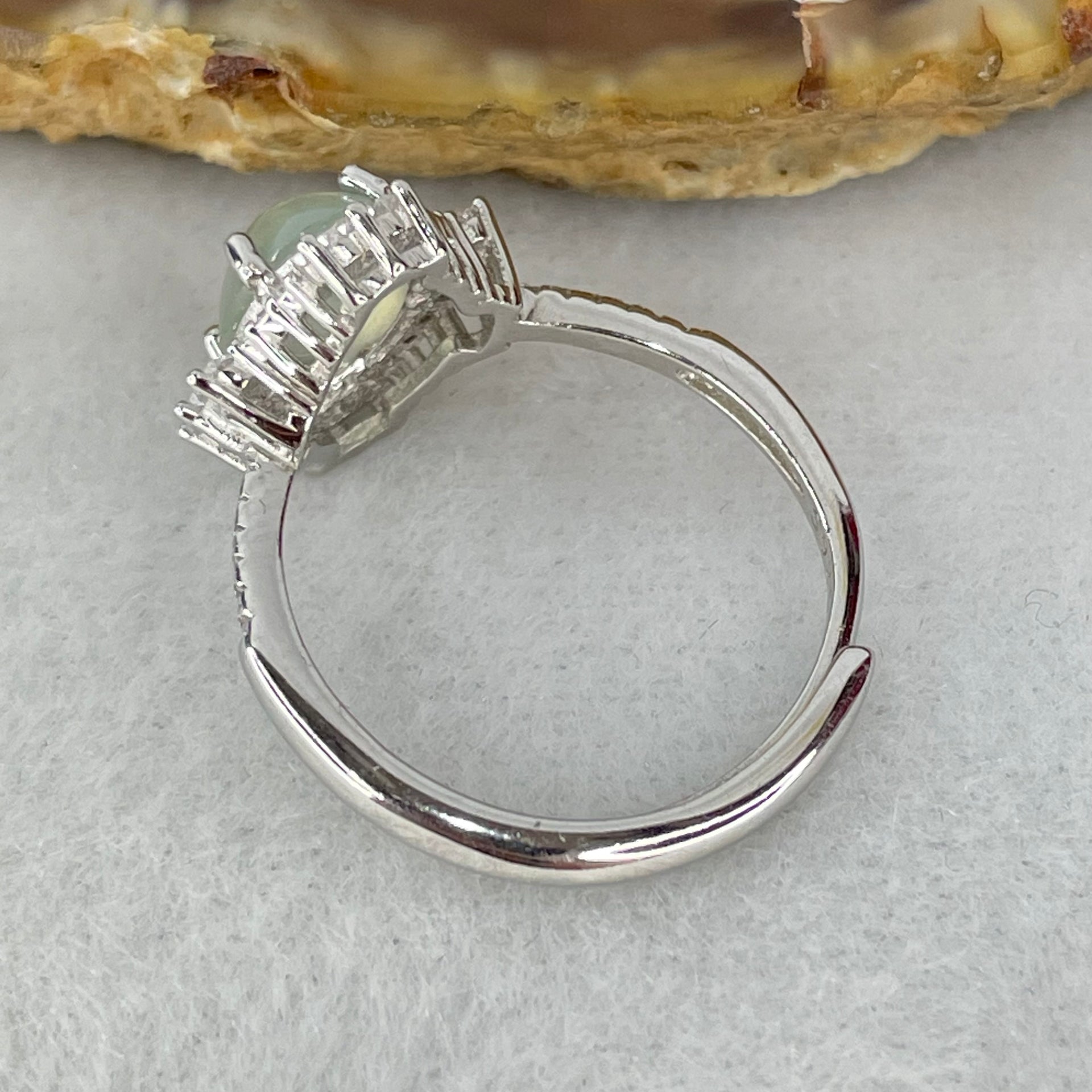 Type A Icy Light Sky Blue Jadeite Cabochon with Crystals in S925 Sliver Ring 2.55g 8.6 by 6.9 by 4.0mm - Huangs Jadeite and Jewelry Pte Ltd