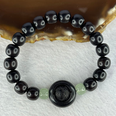 Natural Black Ebony Wood Beads with Movable Pixiu Pair and Coin Bead Bracelet 天然黑檀木珠手链 15.18g 16.5cm 10.0mm 17 Beads - Huangs Jadeite and Jewelry Pte Ltd