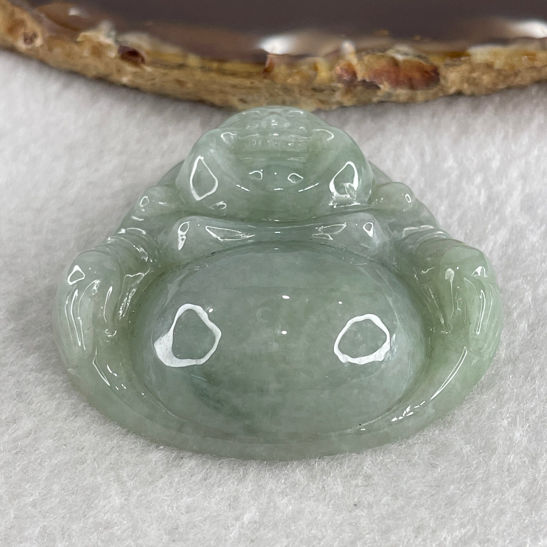 Natural Type A Green Jadeite Milo Laughing Buddha Pendant 47.59g 46.1 by 48.7 by 14.6mm - Huangs Jadeite and Jewelry Pte Ltd