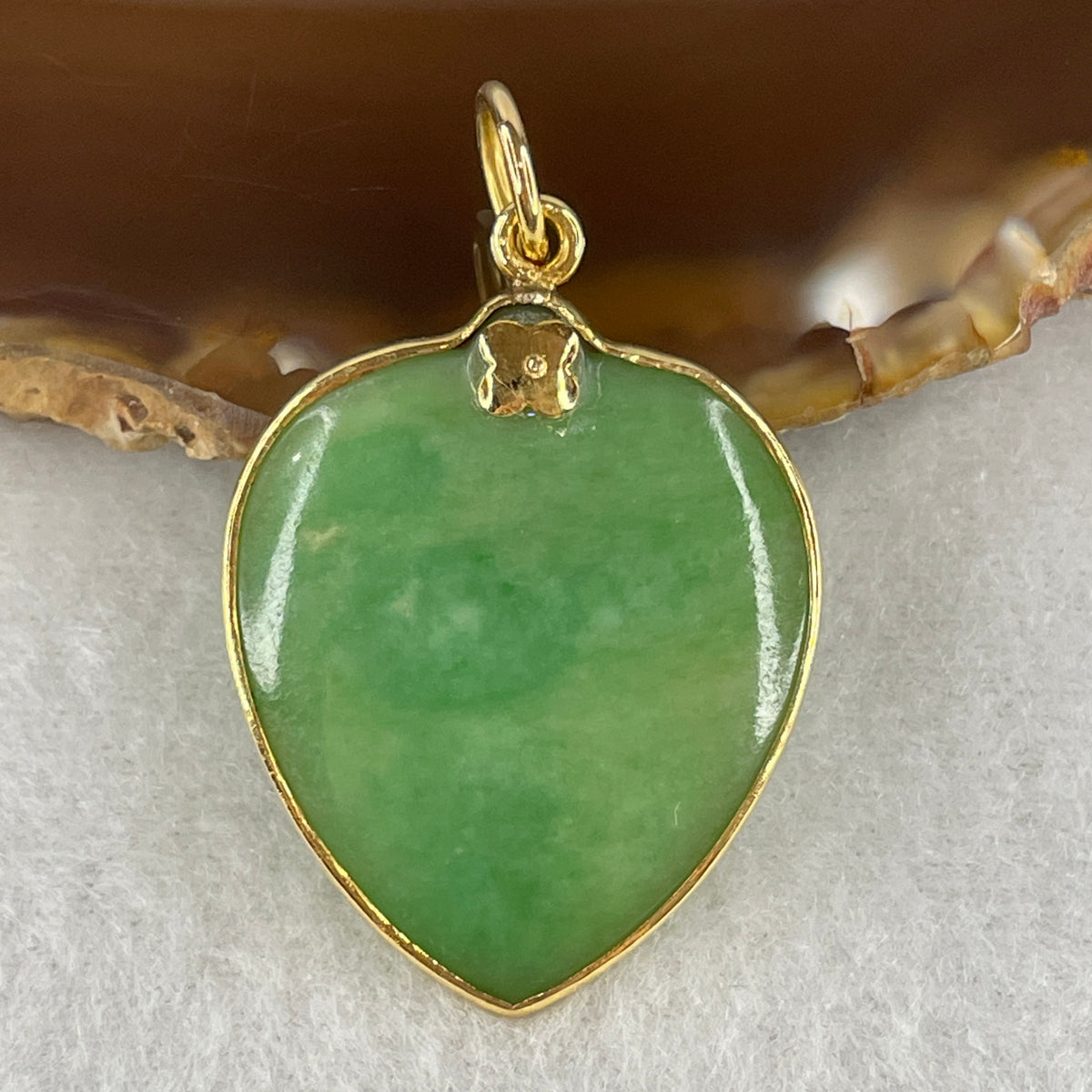 NGI Certified Natural Type A Green Jadeite Carved Almond Heart Pendant | 22K Yellow Gold Setting (7.88g | 30.82x25.79x4.19mm | Heart Chakra Harmony, Eternal Love & Prosperity Shield)