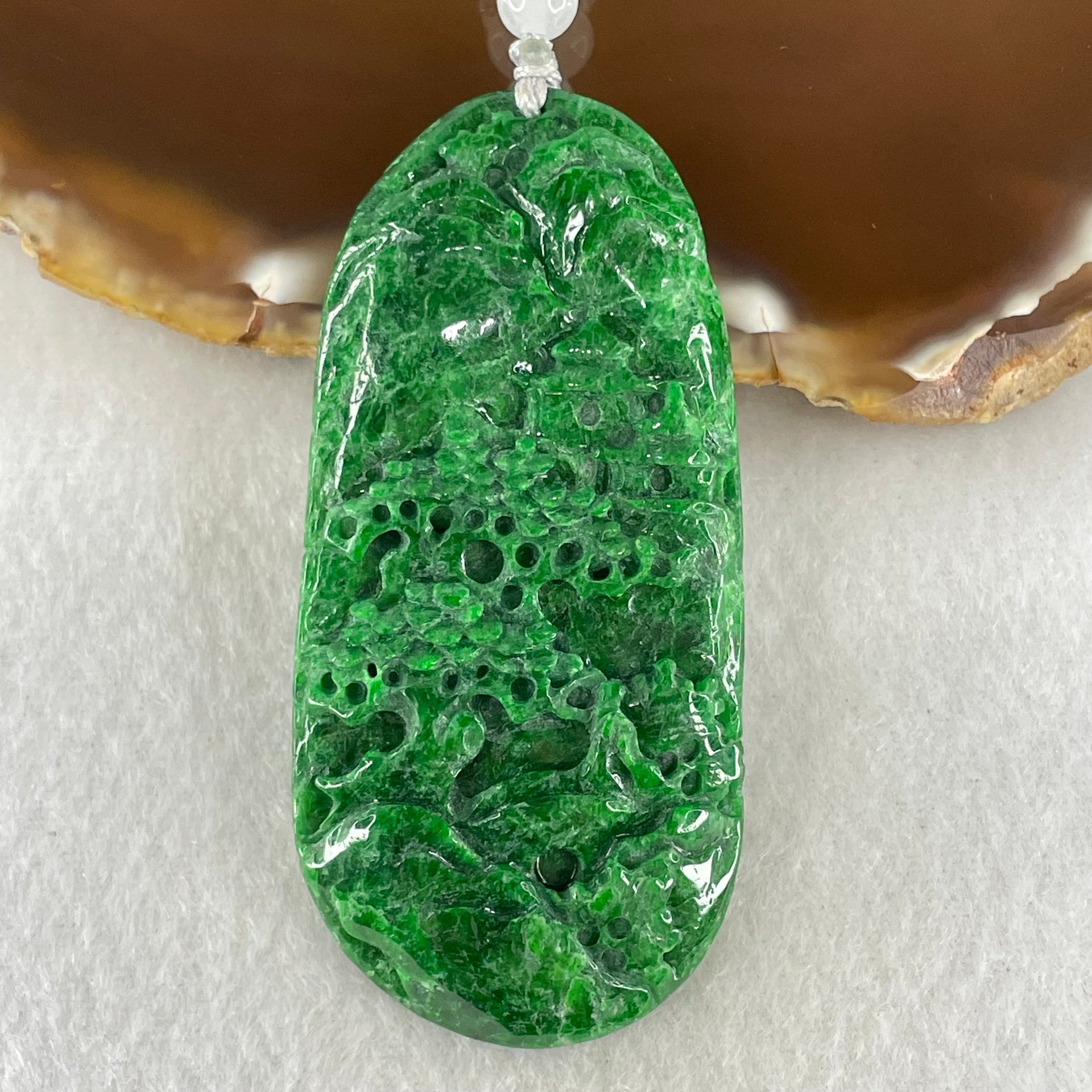 Type A Lao Keng Old Mine Full Spicy Green Jadeite Shan Shui with Guiren Benefactor Pendant 27.27g 63.1 by 29.9 by 6.8mm - Huangs Jadeite and Jewelry Pte Ltd