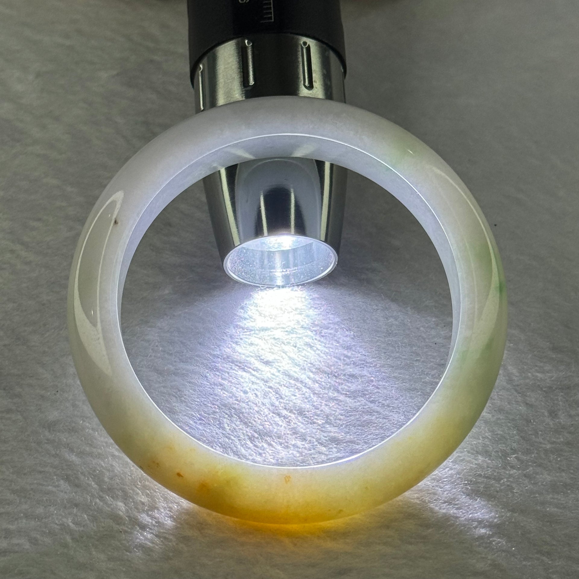 Type A Light Lavender with Green and Yellow Jadeite 57.21g 12.9 by 8.5mm Inner Diameter 54.2mm (Slight Internal Lines) - Huangs Jadeite and Jewelry Pte Ltd