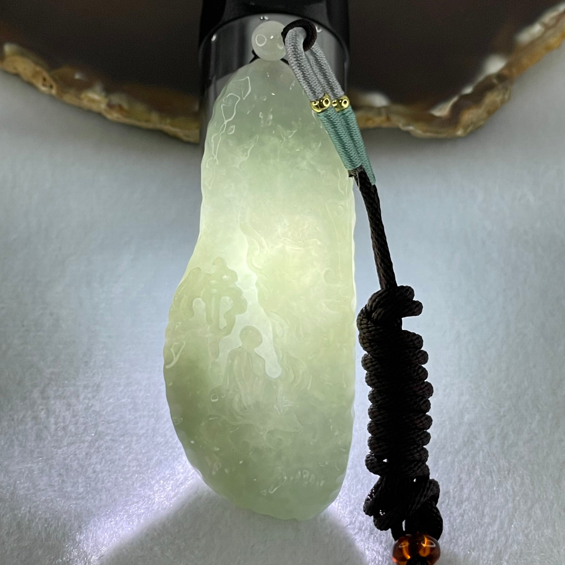 Type A Light Blueish Green Jadeite Seeking Enlightenment with Buddha Pendant 68.18g 78.6 by 32.5 by 12.5mm - Huangs Jadeite and Jewelry Pte Ltd