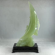 Natural Green Serpentine Twin Cranes on Mountain and Moon with Wooden Stand Display 804.7g H147.0 by B100.0 by H226.0mm - Huangs Jadeite and Jewelry Pte Ltd