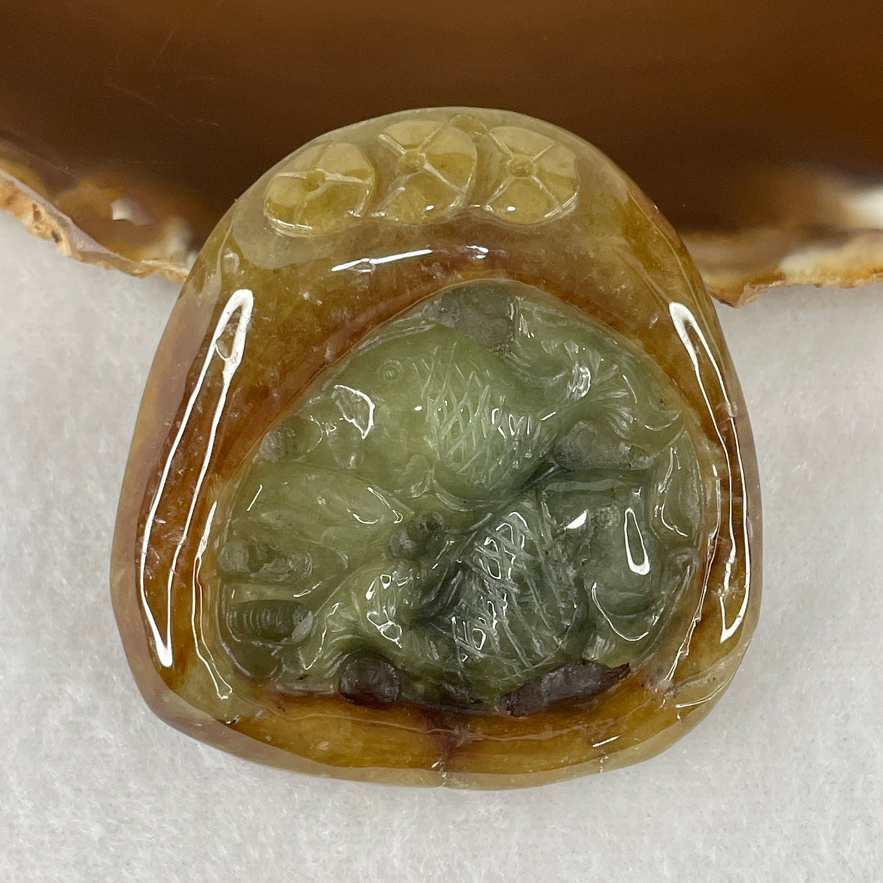Natural Type A Brownish & Green Jadeite Double-Sided "Twin Fish with Coins & Ruyi" Pendant | 100% Untreated Master Carved Fei Cui Talisman (43.94g | 49.0mm × 47.0mm × 10.0mm)