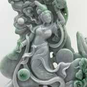 Type A Lavender and Green with Spicy Green Spots 仙女 with Wooden Stand Display Piece 3.38kg Dimensions with Stand 43 by 27 by 10cm Jadeite Dimensions 31 by 22 by 3cm - Huangs Jadeite and Jewelry Pte Ltd