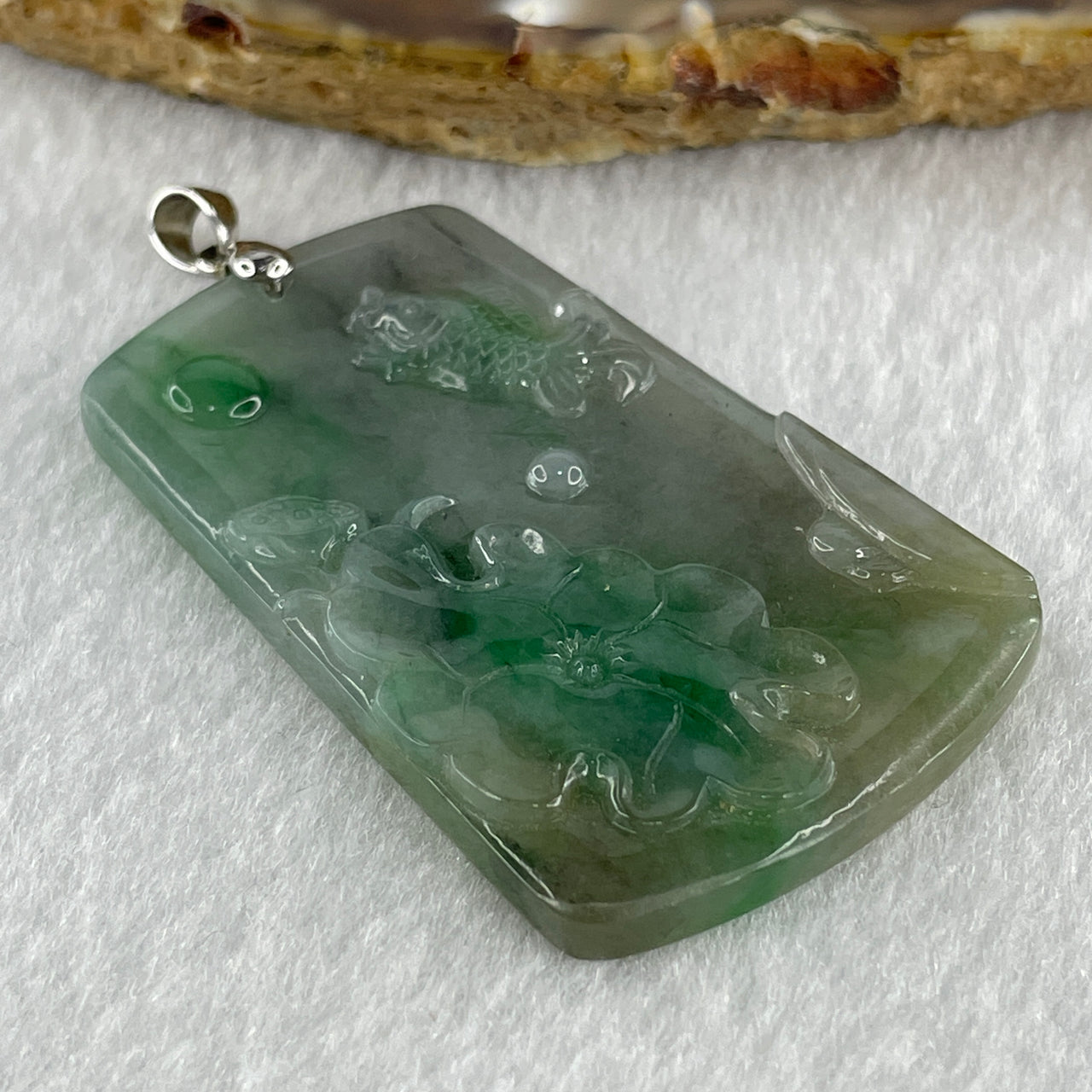 Natural Type A Wuji Grey with High End Bright Green Jadeite Carp Fish with Lotus Flower and Leaf in S925 Silver Pendant 16.45g 48.3 by 30.5 by 5.2mm