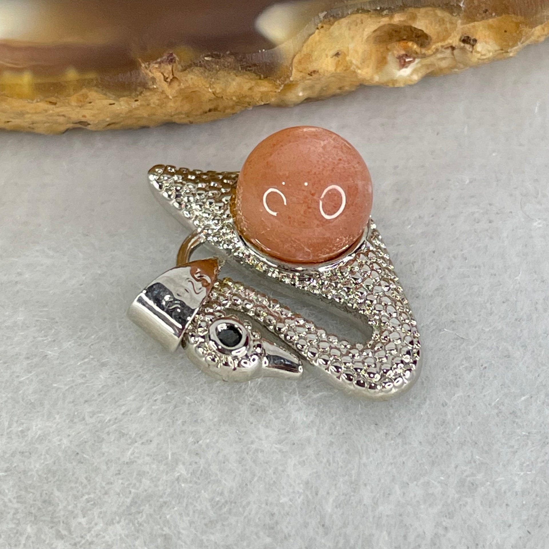 Natural Sunstone Bead with Crystals in S925 Sliver Swan Charm 3.31g 7.9mm - Huangs Jadeite and Jewelry Pte Ltd