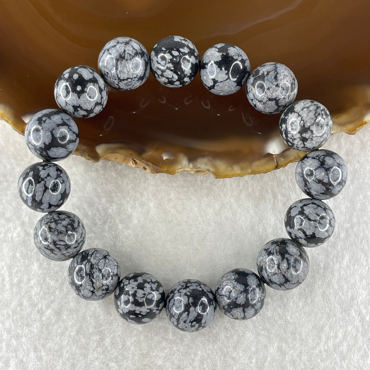 Grey Snowflake Obsidian Beads Bracelet 34.11g 15cm 12.2mm 16Beads - Huangs Jadeite and Jewelry Pte Ltd