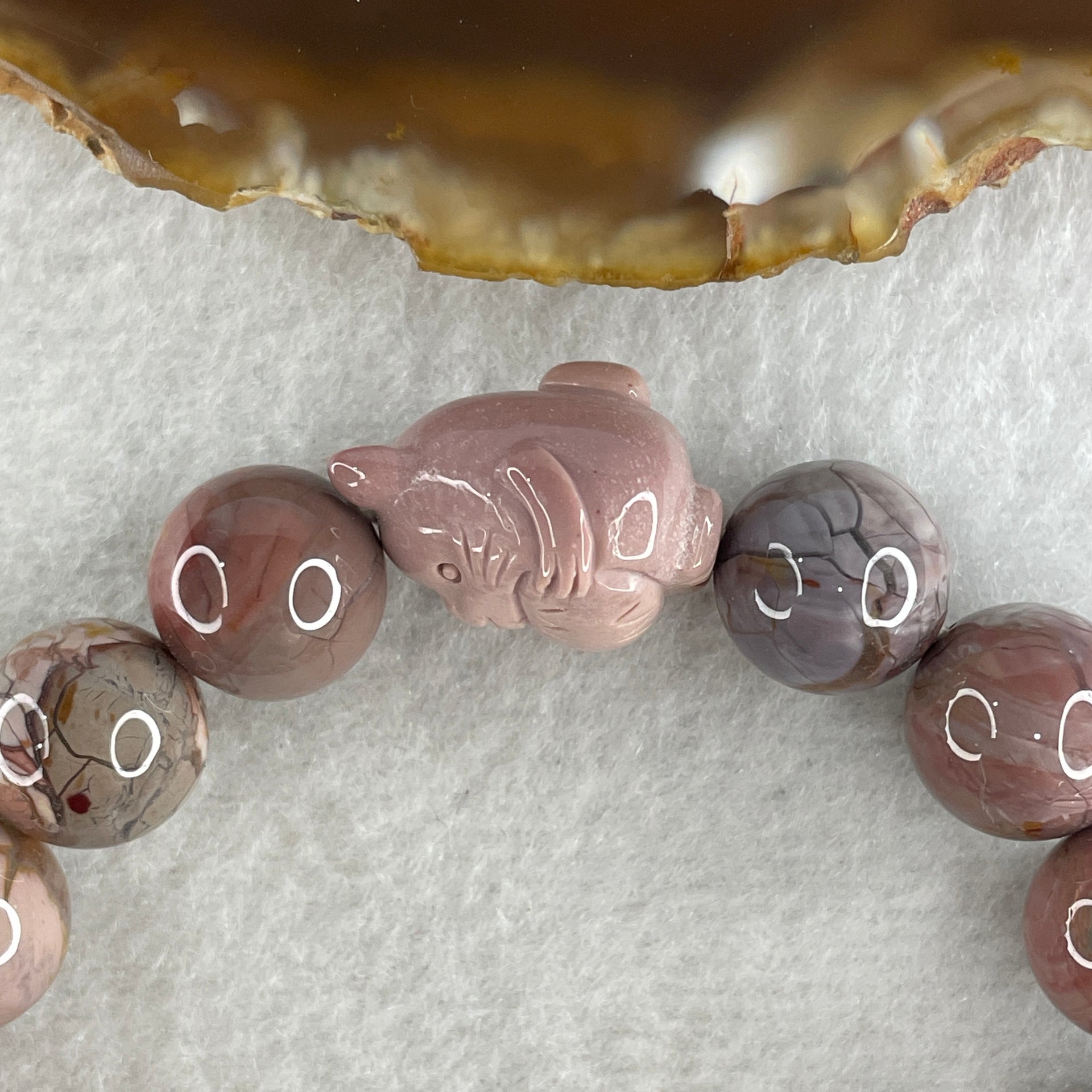 Natural Alashan Agate Greyish Pink Beads with Rat Charm Bracelet 39.00g 16.5cm 11.8mm 16Beads - Huangs Jadeite and Jewelry Pte Ltd