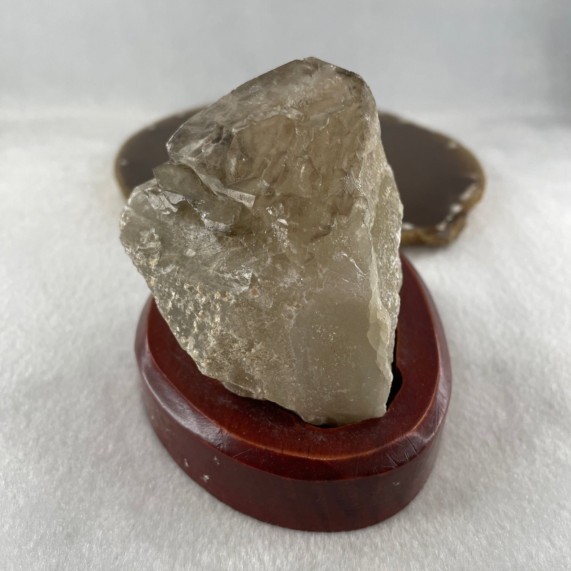 Natural Smoky Quartz Rough Irregular Shape Display in Wooden Stand 483.64g 99.3 by 83.1 by 91.0mm - Huangs Jadeite and Jewelry Pte Ltd