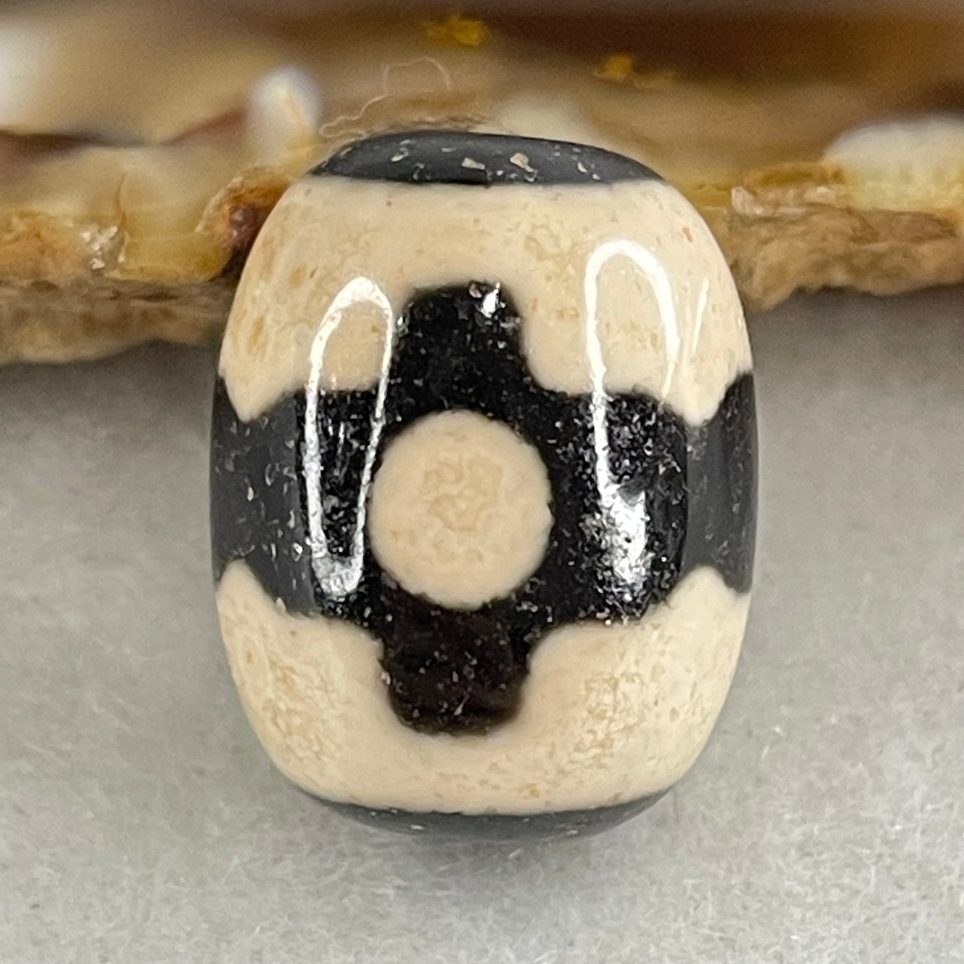 Natural Powerful Tibetan Old Oily Dark Brown With White Agate 3 Eyes Dzi Bead Heavenly Master (Tian Zhu) 三眼天诛 5.06g 17.6 by 13.5mm - Huangs Jadeite and Jewelry Pte Ltd