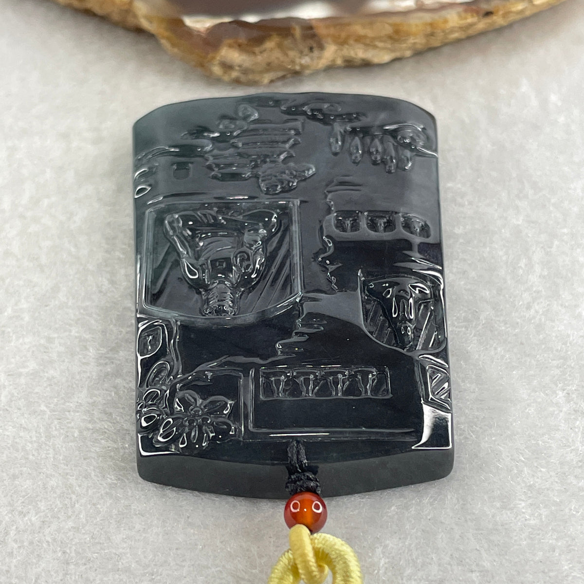Natural Type A Wuji Grey with Blueish Green Jadeite Buddha on Shan Shui & Gui Ren Pendant | (51.77g | 62.0 x 40.8 x 7.8mm | Joy, Infinite Wealth & Noble Benefactor Anchor, Feng Shui Sovereign Masterpiece) - Huangs Jadeite and Jewelry Pte Ltd