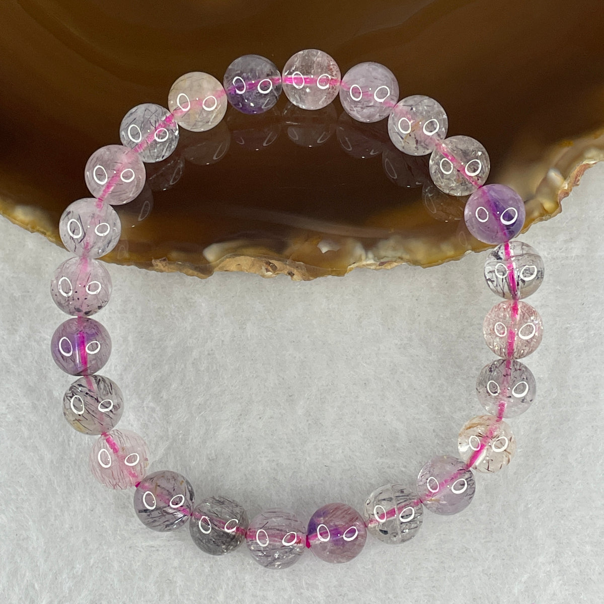 Certified Above Average Grade Natural Super 7 Crystal Beads Bracelet | 8.4mm Sacred 7-Mineral Synergy Power (19.02g | 16.5cm Wrist Sizing | 24 Beads)