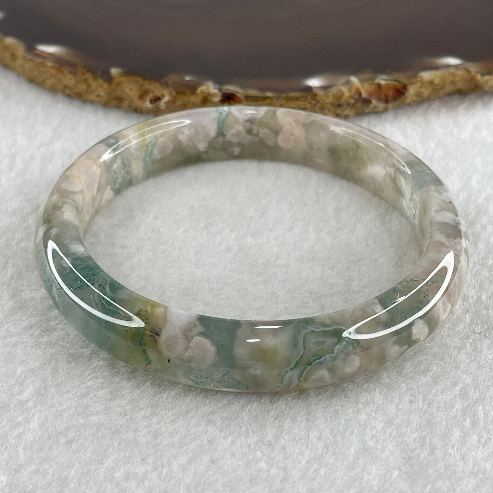 Natural Icy Green with White Flower Agate Bangle 39.69g Internal Diameter 61.3mm 11.8 by 7.7mm (Perfect) - Huangs Jadeite and Jewelry Pte Ltd