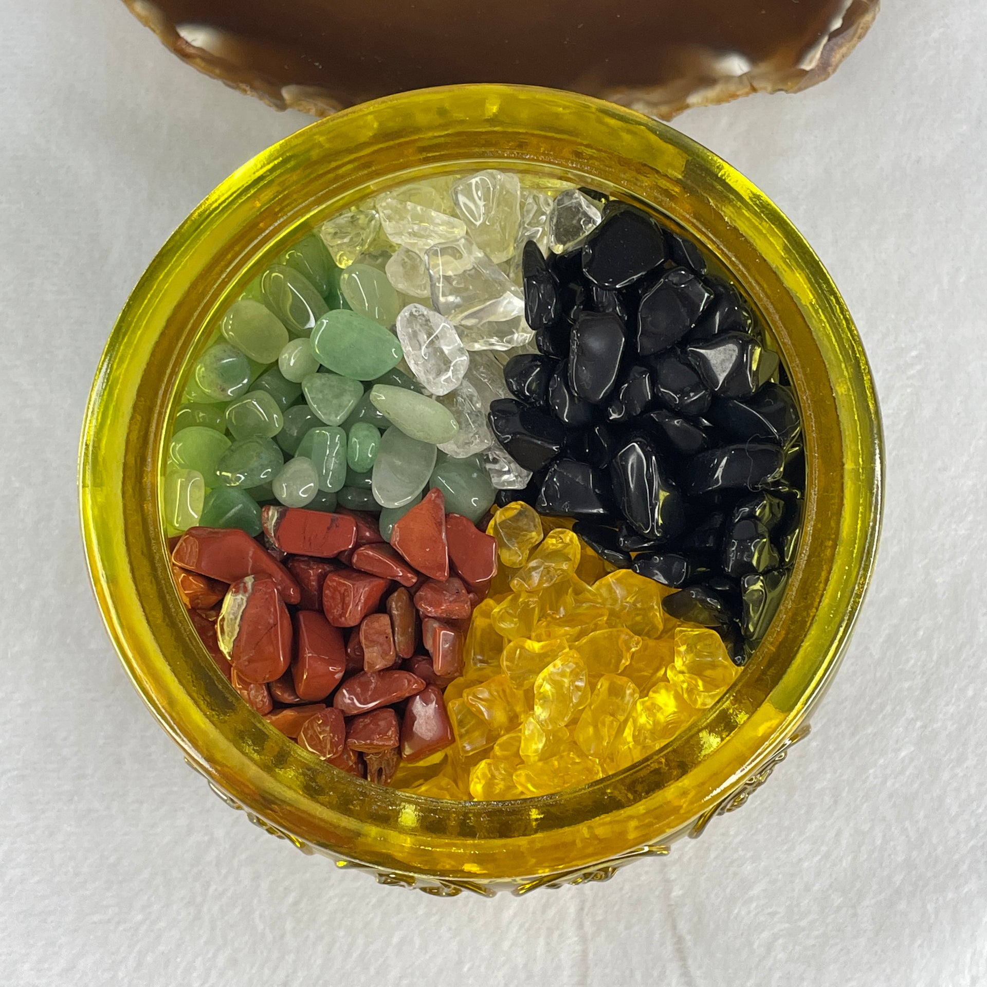 Yellow Liuli Wealth Pot with Five Element Crystal Fragment (Clear Quartz, Black Obsidian, Red Jasper, Citrine, Serpentine) with Wooden Stand Display Total Weight 1,03.48g 118.3 by 62.5mm - Huangs Jadeite and Jewelry Pte Ltd