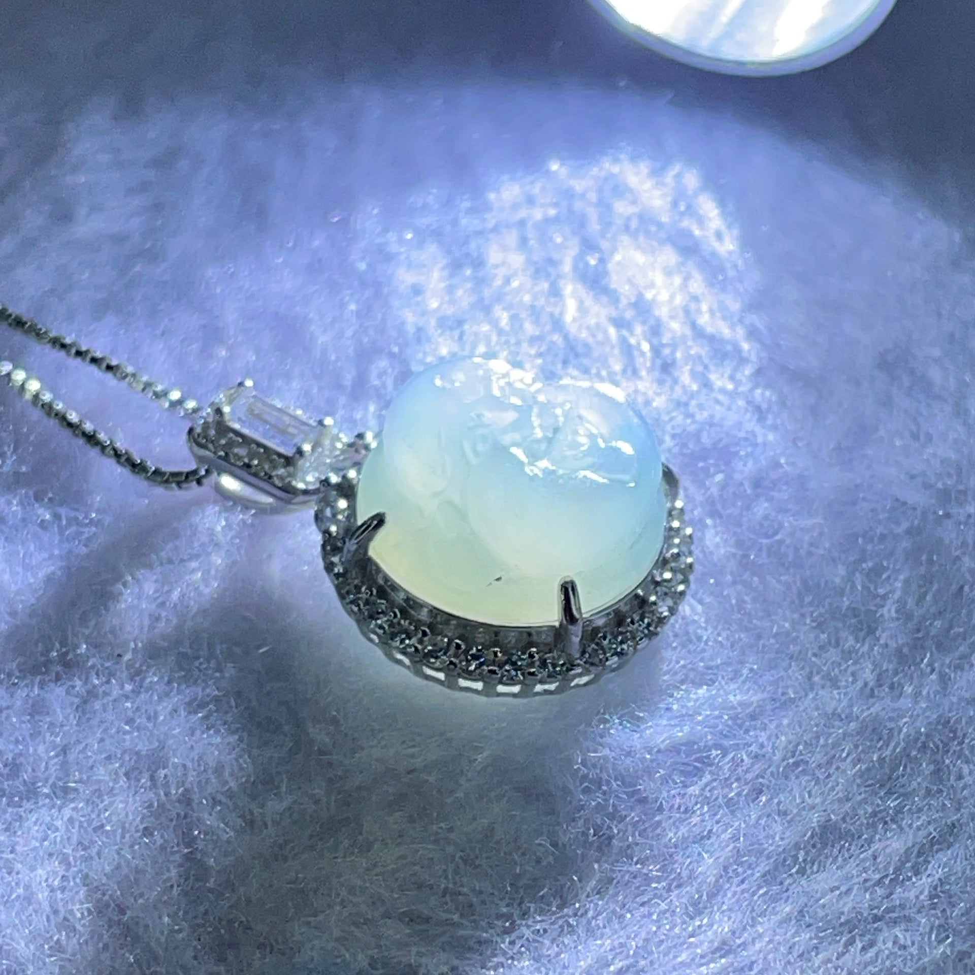 Type A Semi Icy Light Blueish Green Milo Buddha with Crystals in S925 Sliver Pendant and Necklace 6.13g 14.9 by 14.9 by 7.8mm - Huangs Jadeite and Jewelry Pte Ltd