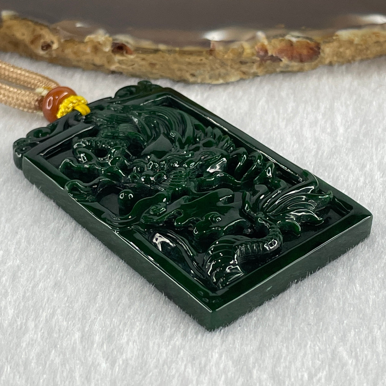Rare Grand Master Type A Old Mine Full Spicy Green Jadeite Dragon Phoenix Double Side Pendant 35.30g 57.8 34.7 by 7.2mm