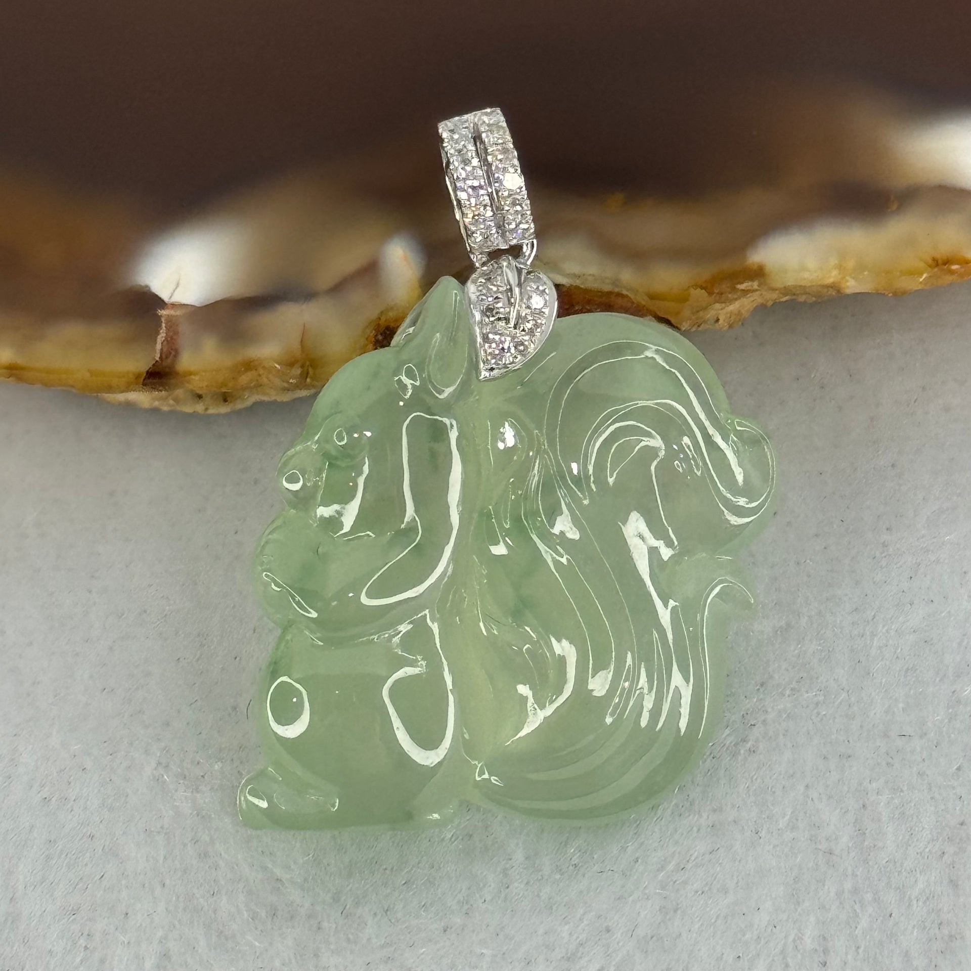 18K White Gold Type A Light Green Jadeite Squirrel Pendant with Natural Diamonds 5.68g 21.0 by 21.4 by 6.8mm - Huangs Jadeite and Jewelry Pte Ltd