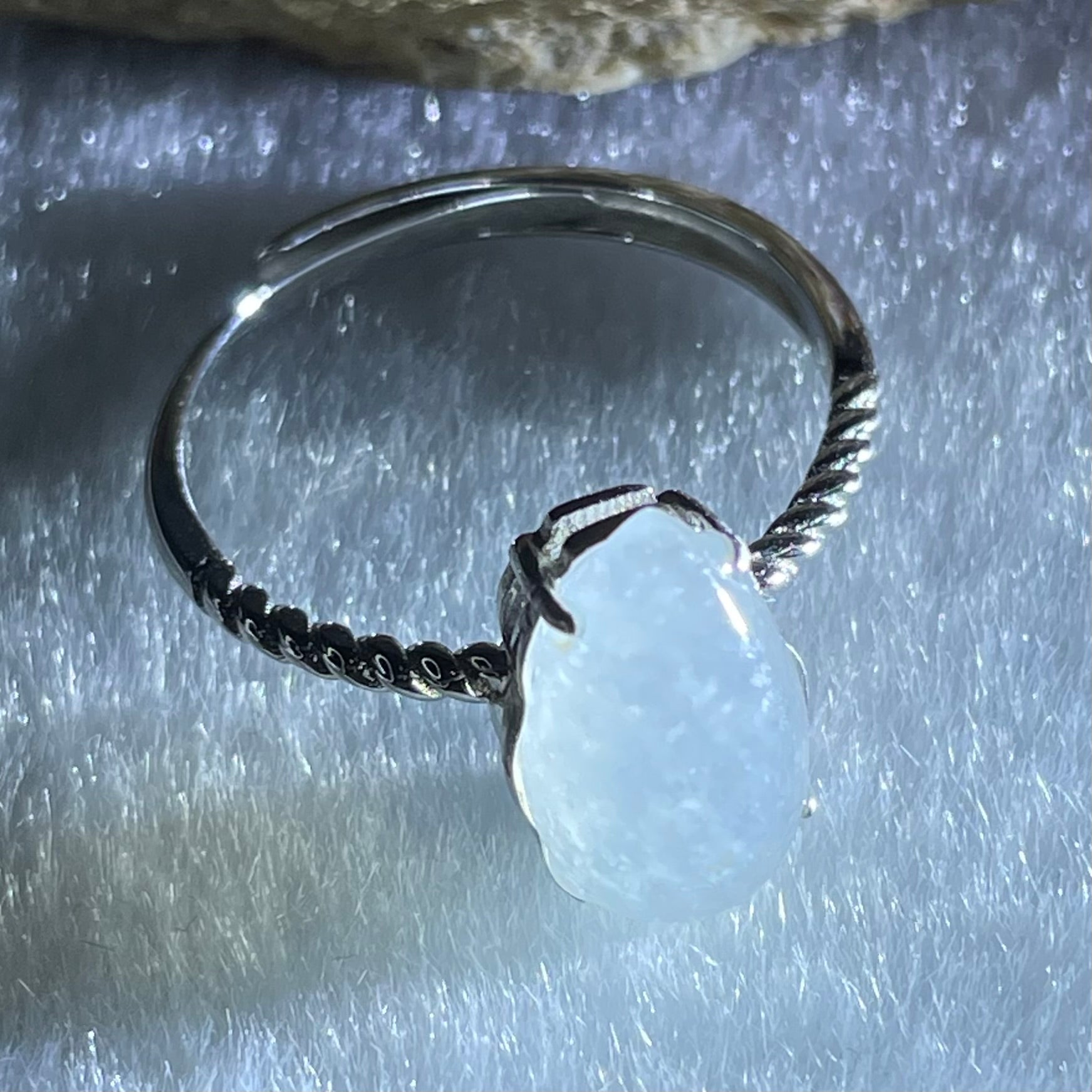 Type A Semi Icy Faint Lavender Tear Drop Shape Cabochon Jadeite in S925 Sliver Ring (Adjustable Size) 2.21g 12.4 by 7.4 by 5.0mm - Huangs Jadeite and Jewelry Pte Ltd