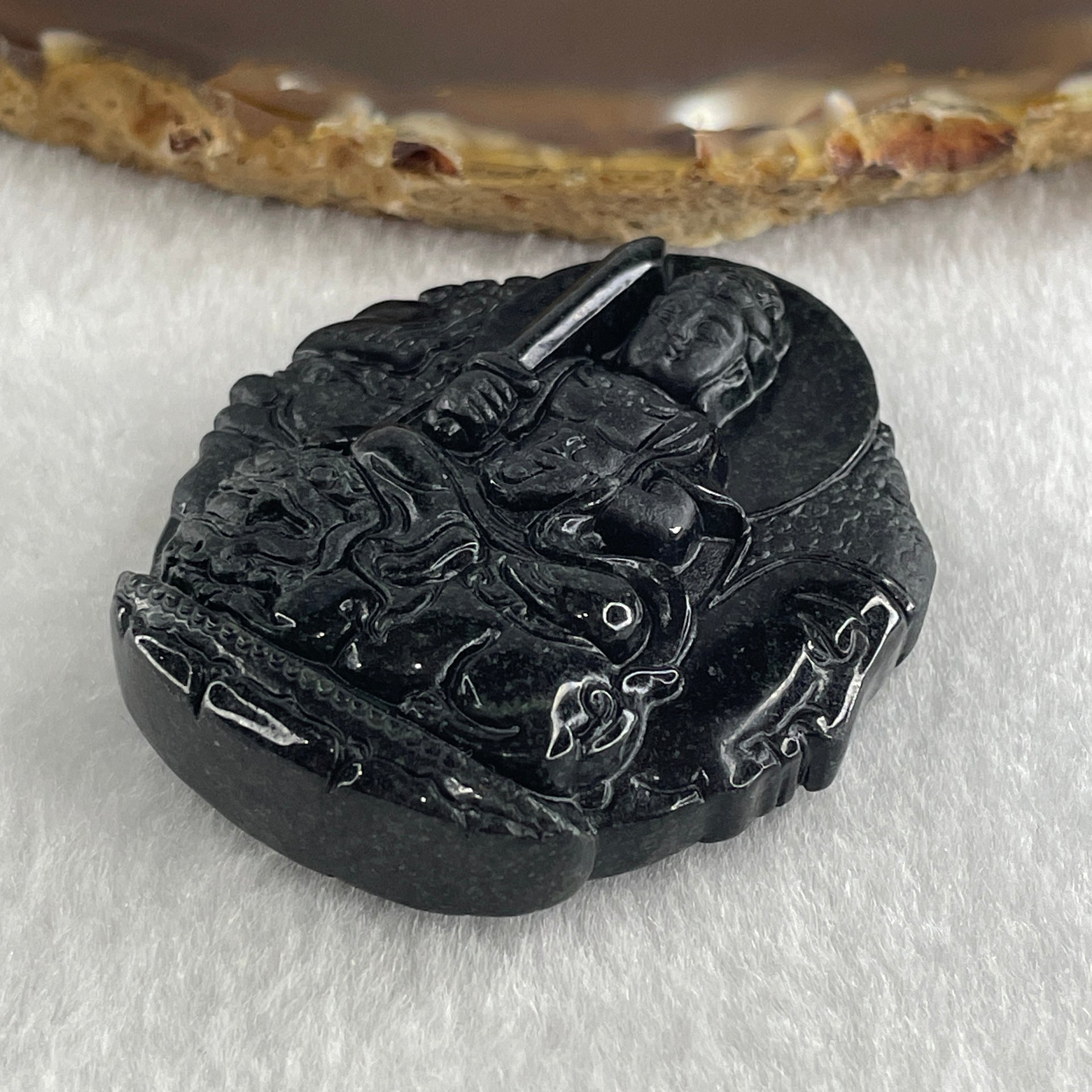 Type A Opaque Black Omphacite Jadeite Good Vs Evil Manjushri Bodhisattva Pendant Rabbit Zodiac Guardian 39.25g 50.5 by 44.0 by 13.3mm - Huangs Jadeite and Jewelry Pte Ltd