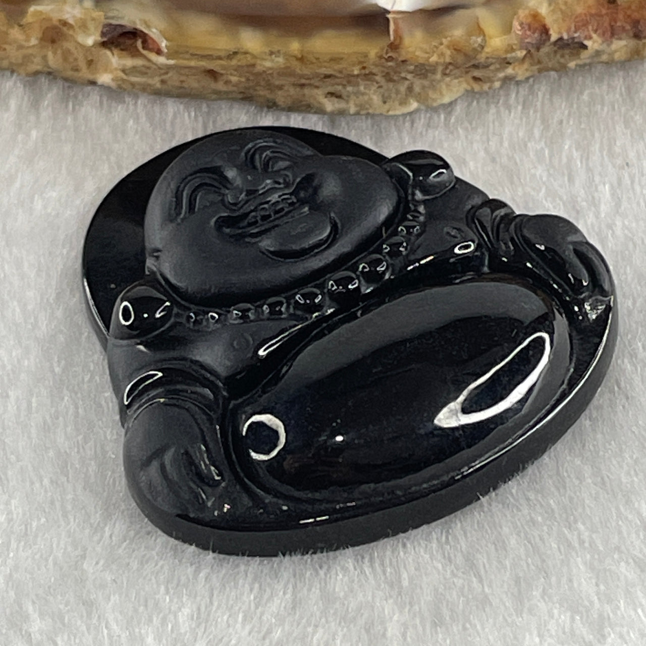 Type A Opaque to Partial Translucent Black Jadeite Milo Buddha Pendant 13.36g 36.1 by 35.0 by 8.1mm - Huangs Jadeite and Jewelry Pte Ltd