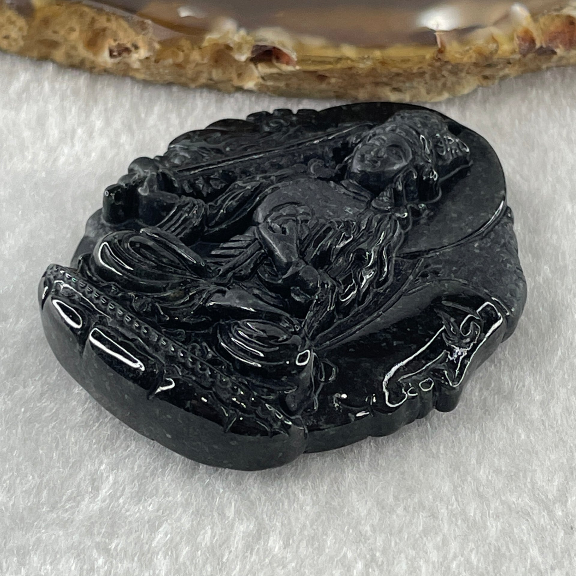 Type A Opaque Black Omphacite Jadeite Good Vs Evil Akasagarbha Bodhissattva Pendant Ox and Tiger Zodiac Guardian 39.80g 50.8 by 43.7 by 11.4mm - Huangs Jadeite and Jewelry Pte Ltd