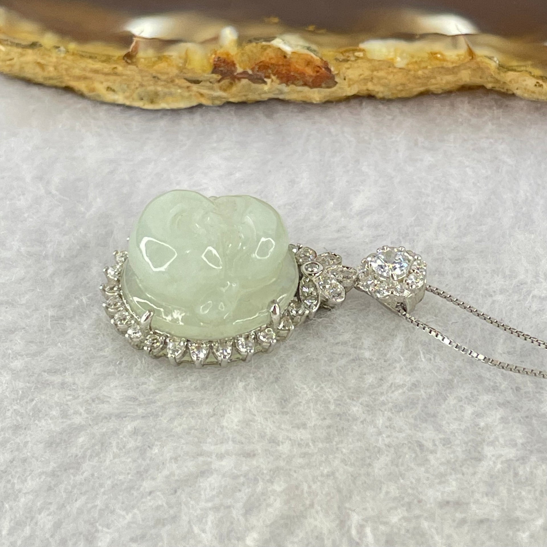 Type A Faint Lavender to White Milo Buddha with Crystals in S925 Sliver Pendant and Necklace 7.47g 16.8 by 16.8 by 9.0mm - Huangs Jadeite and Jewelry Pte Ltd