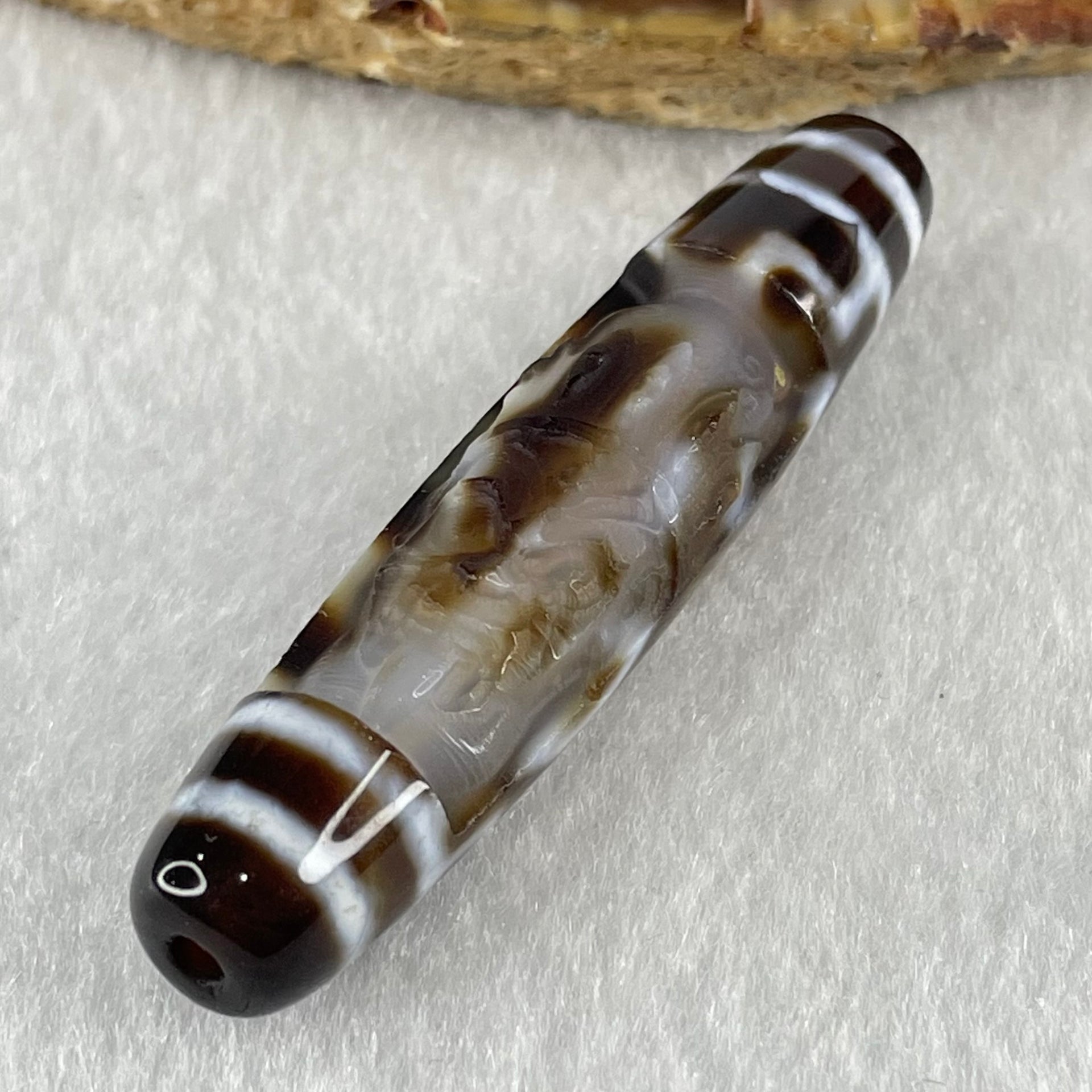 Natural Powerful Tibetan Old Oily Agate 4 Eyes with Zha Ji La Mu Female Cai Shen Carvings Dzi Bead Heavenly Master (Tian Zhu) 四眼扎基拉姆女财神天诛 13.03g 57.9 by 13.0mm - Huangs Jadeite and Jewelry Pte Ltd