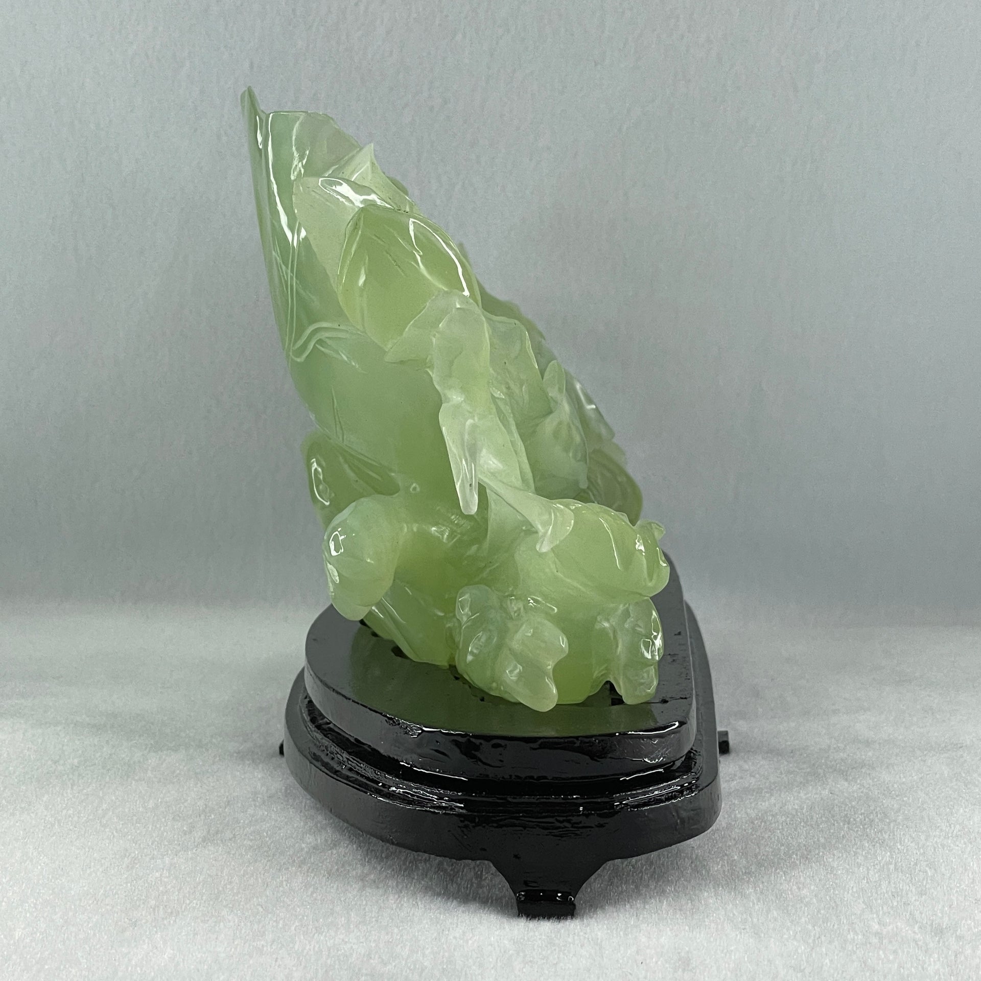 Natural Semi Icy Green Serpentine Tong Zhi on Lotus Leaf and Lotus Flower with Wooden Stand Display 1,458.5g L270.0 by B96.0 by H158.0mm - Huangs Jadeite and Jewelry Pte Ltd