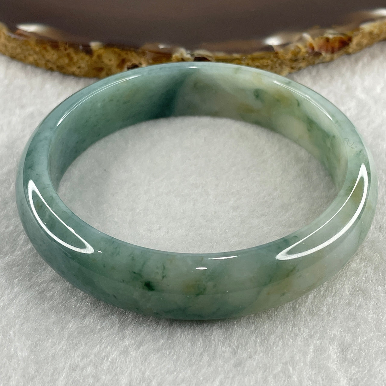 Certified Natural Type A Blueish Green with Faint Green and Yellowish Spot Jadeite Bangle 51.89g Internal Diameter 57.8mm 13.6 by 7.8mm (Close to Perfect)
