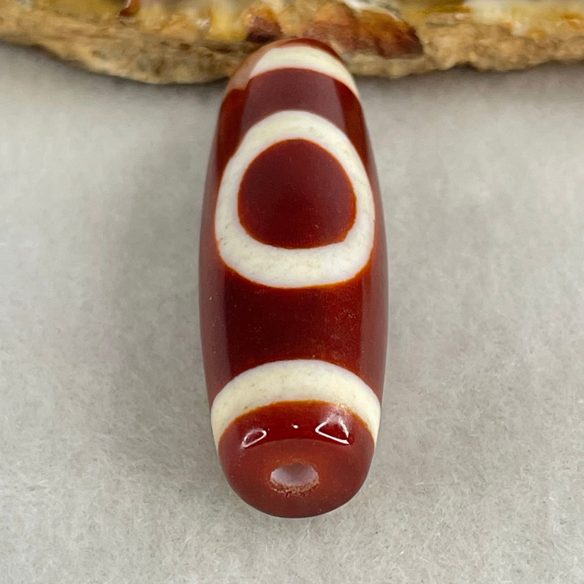 Natural Powerful Tibetan Old Oily Red White Agate One Eye Wood Element Dzi Bead Heavenly Master (Tian Zhu) 一眼木元素天珠 9.56g 37.7 by 12.9mm - Huangs Jadeite and Jewelry Pte Ltd